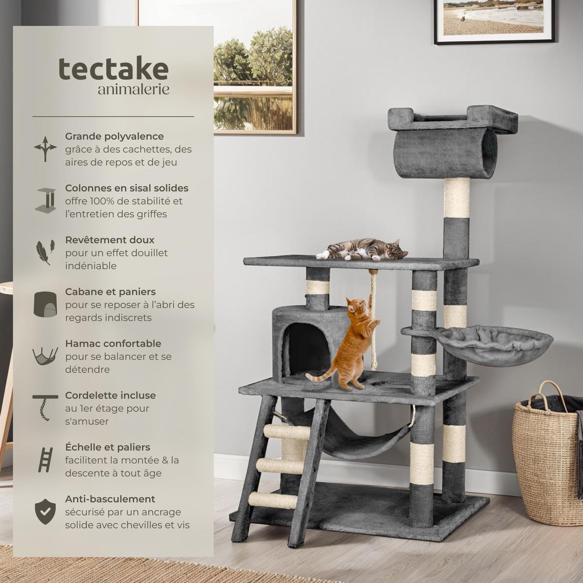 tectake Arbre à chat 141 cm avec griffoir et plateforme d'escalade gris