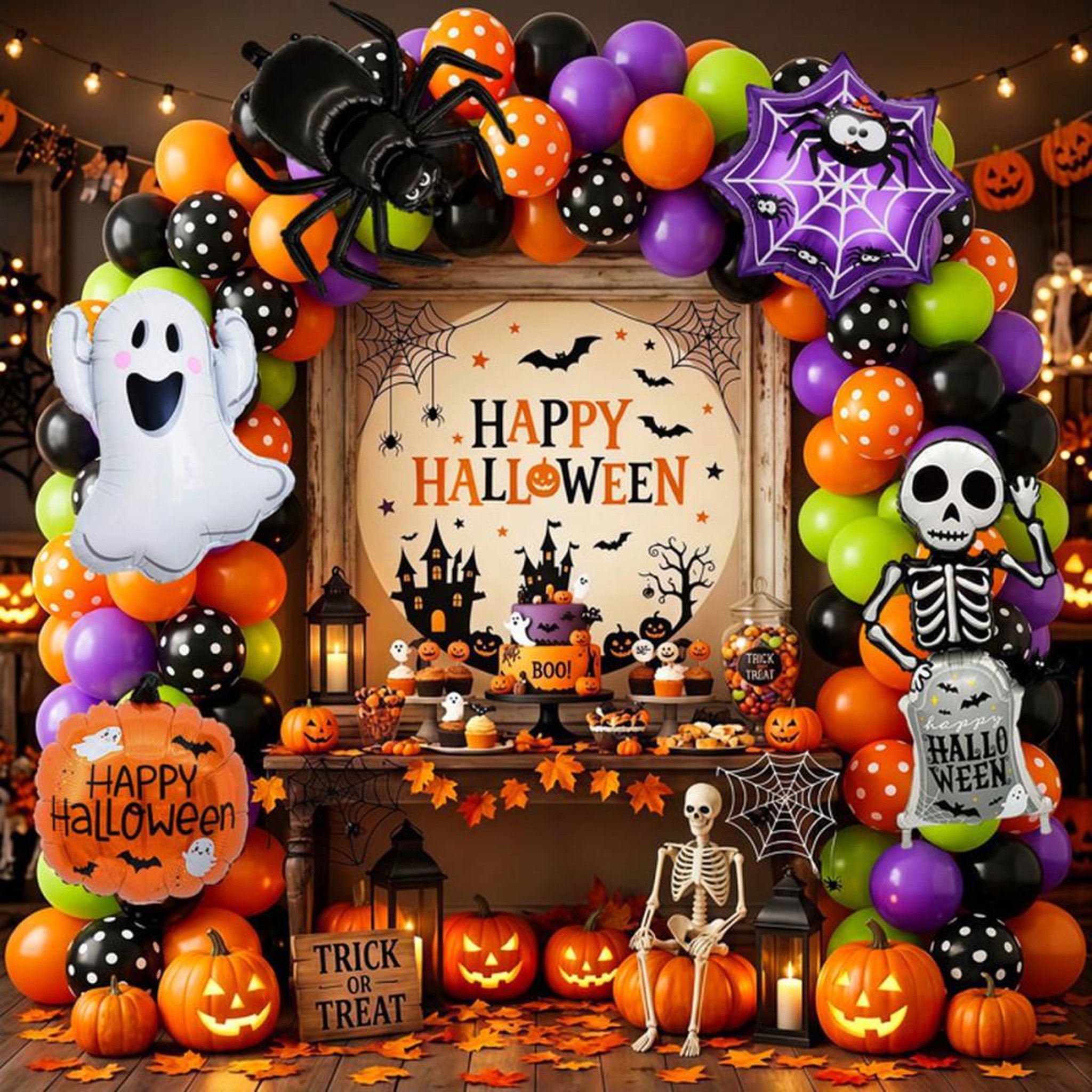 Décoration fête Halloween avec ballons 108 pièces, noir, orange, violet et vert, chauves-souris et panneaux  Happy Halloween