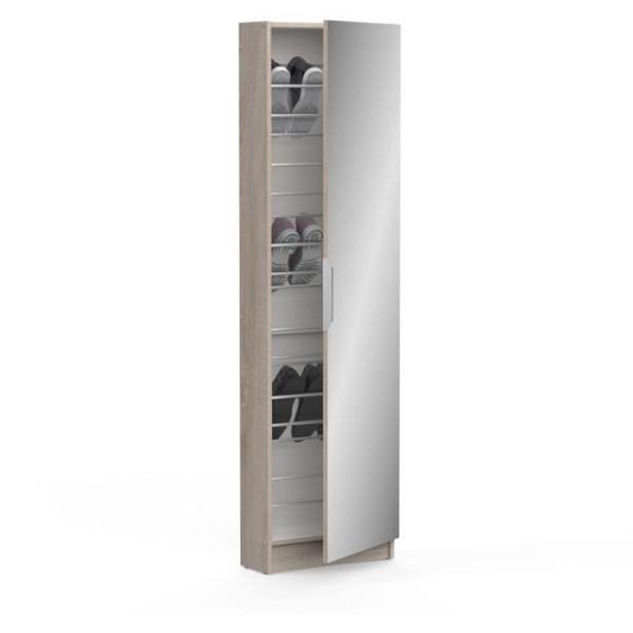 Voir la diapositive 3 : Demeyere Armoire a chaussures ZAPATERO - 12 Paires - Décor Chene et Noir - 1 porte avec miroir - L50 x P18 x H200 cm - CBA MEUBLES
