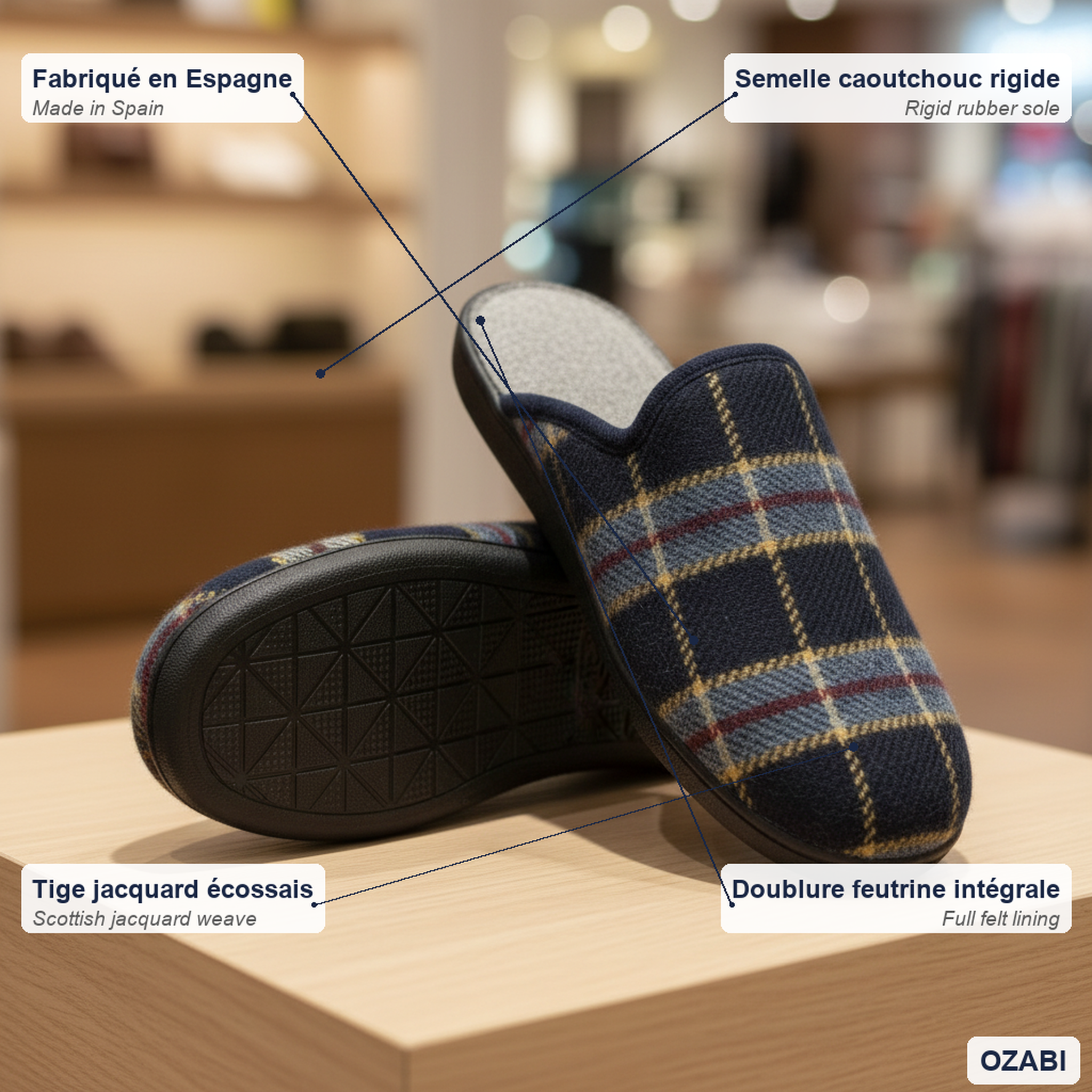 Voir la diapositive 3 : OZABI Ozabi pantoufles mules homme fabriquées en espagne, tige jacquard écossais