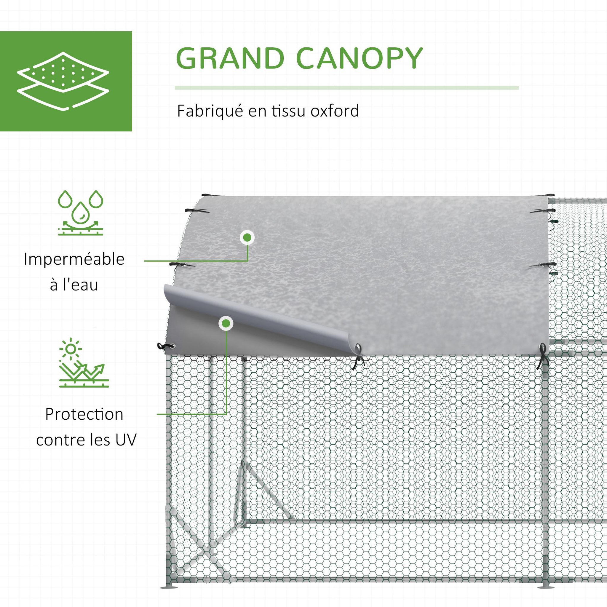 Voir la diapositive 4 : PAWHUT Enclos poulailler chenil 10,64 m² - parc grillagé dim. 3,8L x 2,8l x 1,97H m - espace couvert - acier galvanisé