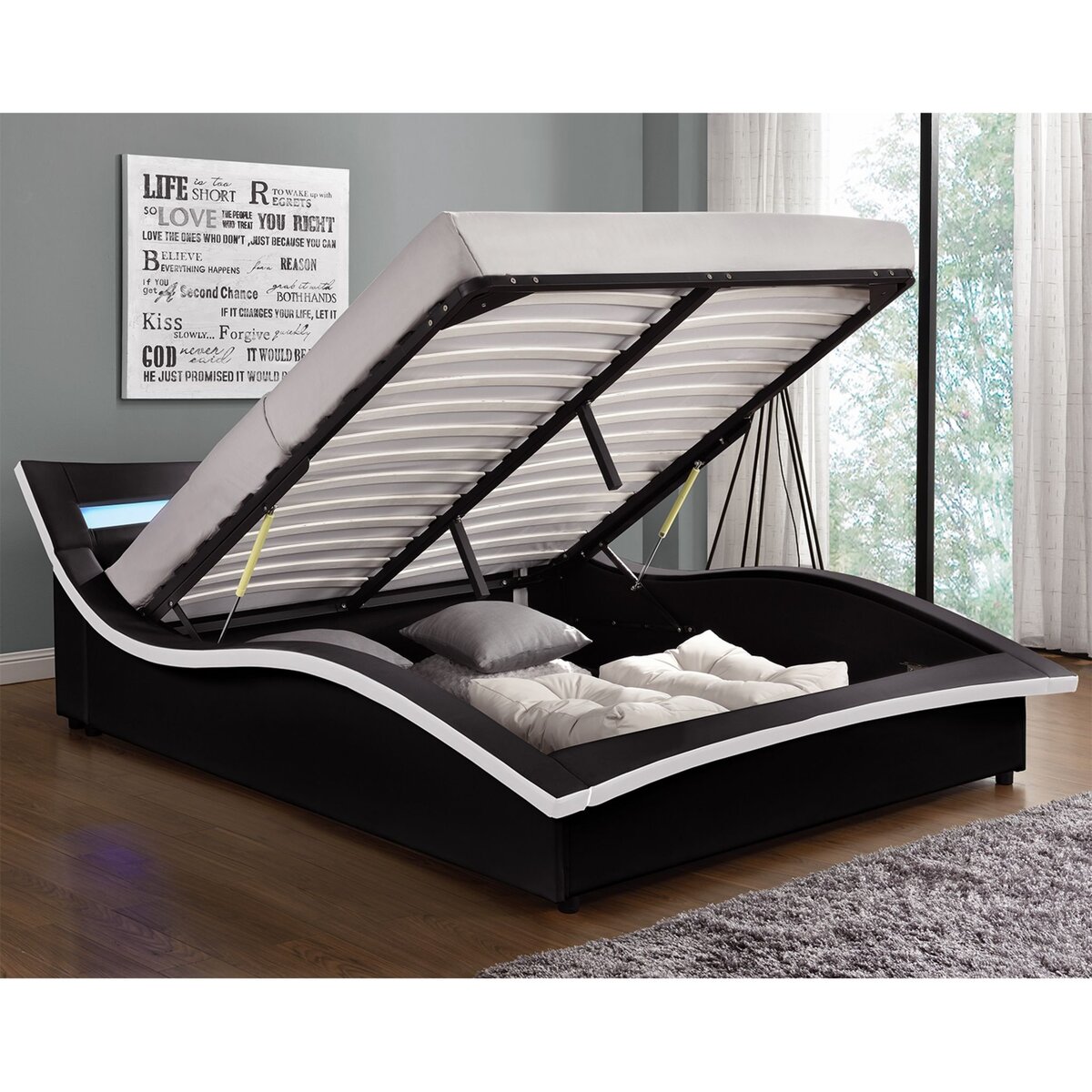 CONCEPT USINE Cadre de lit en PU noir avec coffre et LED intégrées 140x190 cm CAMDEN