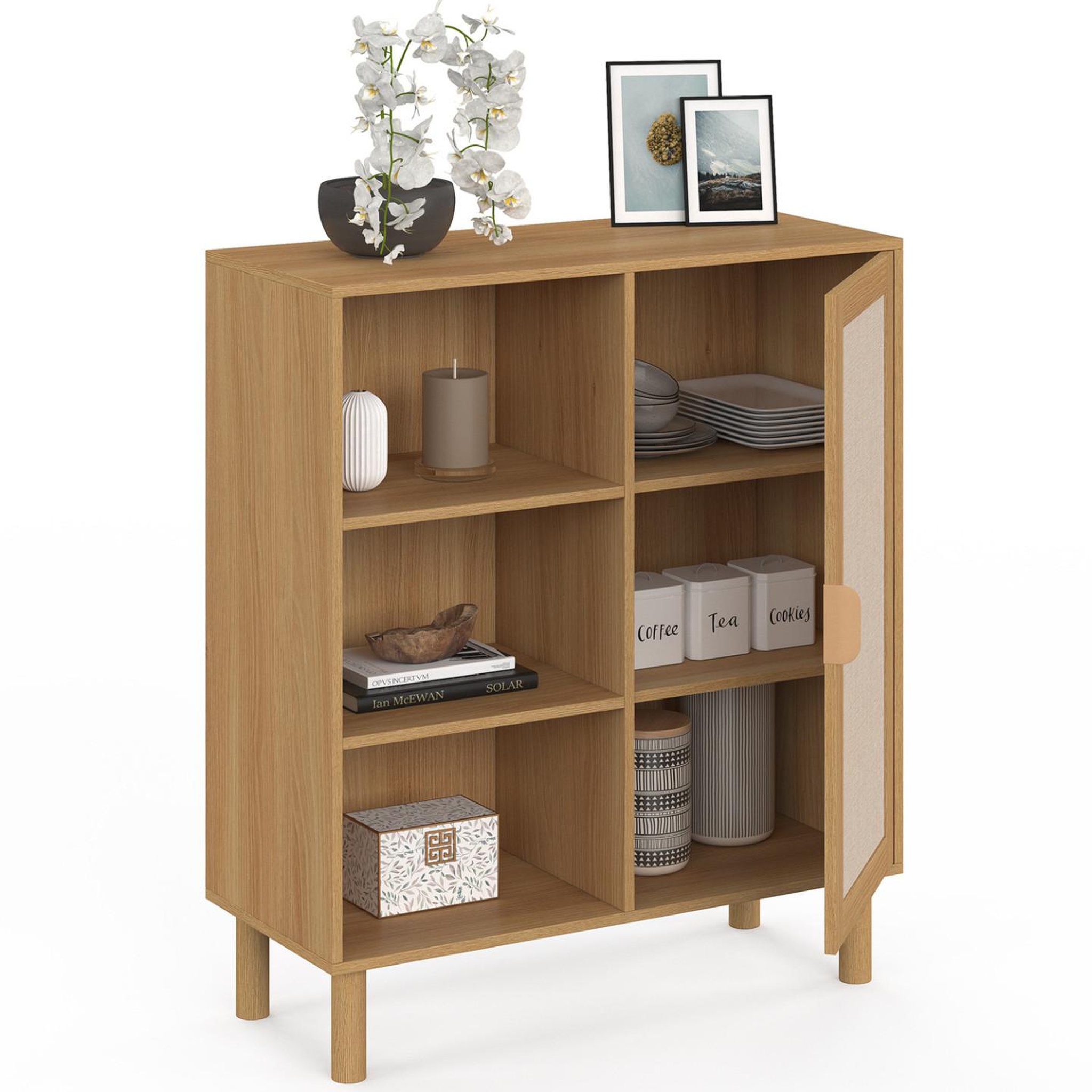 Voir la diapositive 5 : ID MARKET Buffet d'appoint 3 étagères et placard 70 cm ROBIN meuble de rangement bois et tissu effet lin