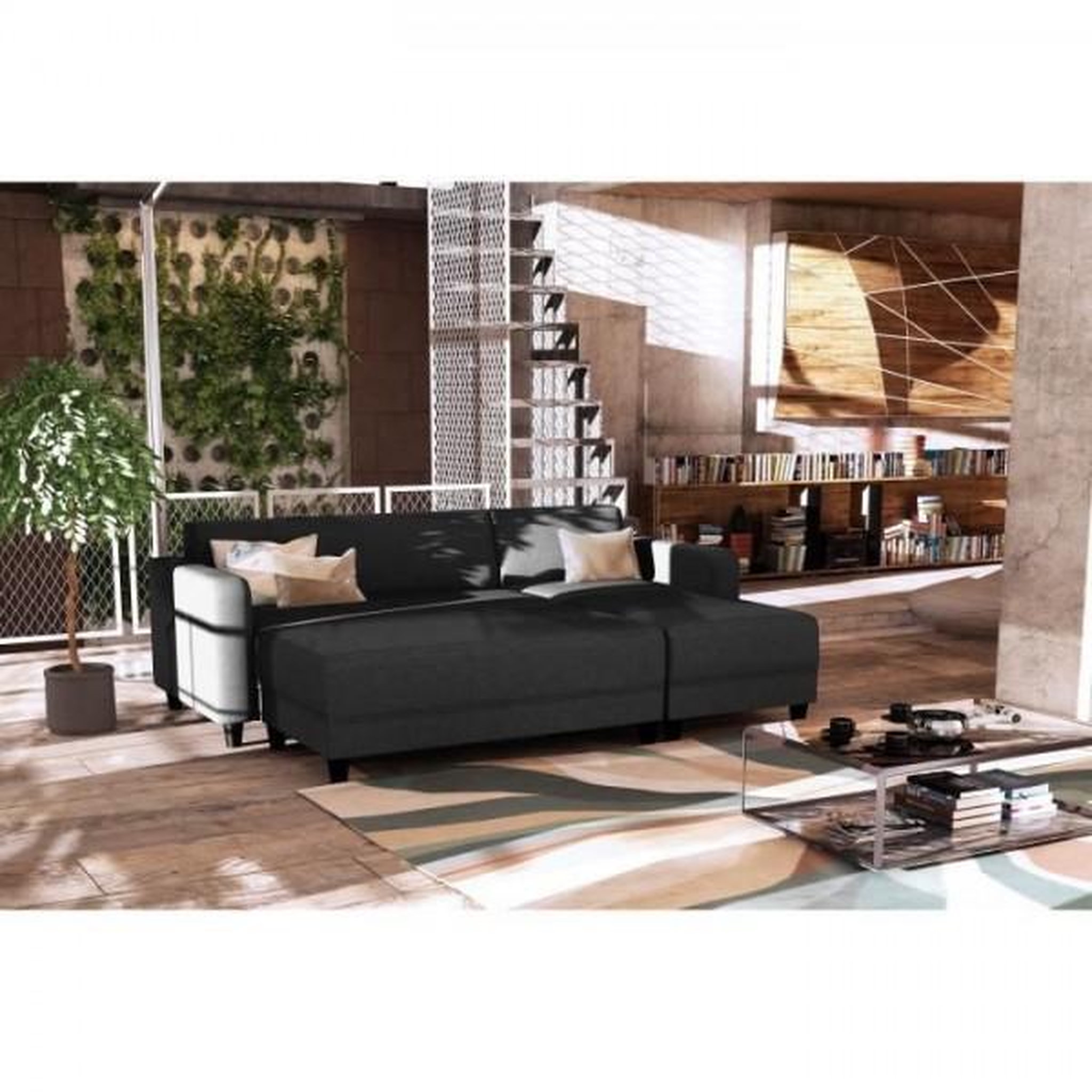 Voir la diapositive 4 : MARKET24 Canapé d'angle fixe 3 places BOB - Tissu Anthracite - Banc - L 197 x P 138 x H 65 cm