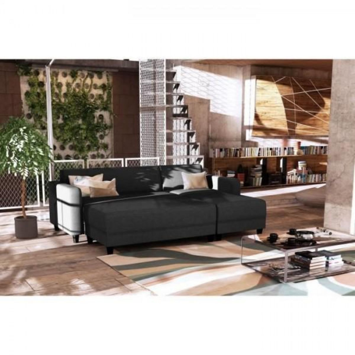 MARKET24 Canapé d'angle fixe 3 places BOB - Tissu Anthracite - Banc - L 197 x P 138 x H 65 cm