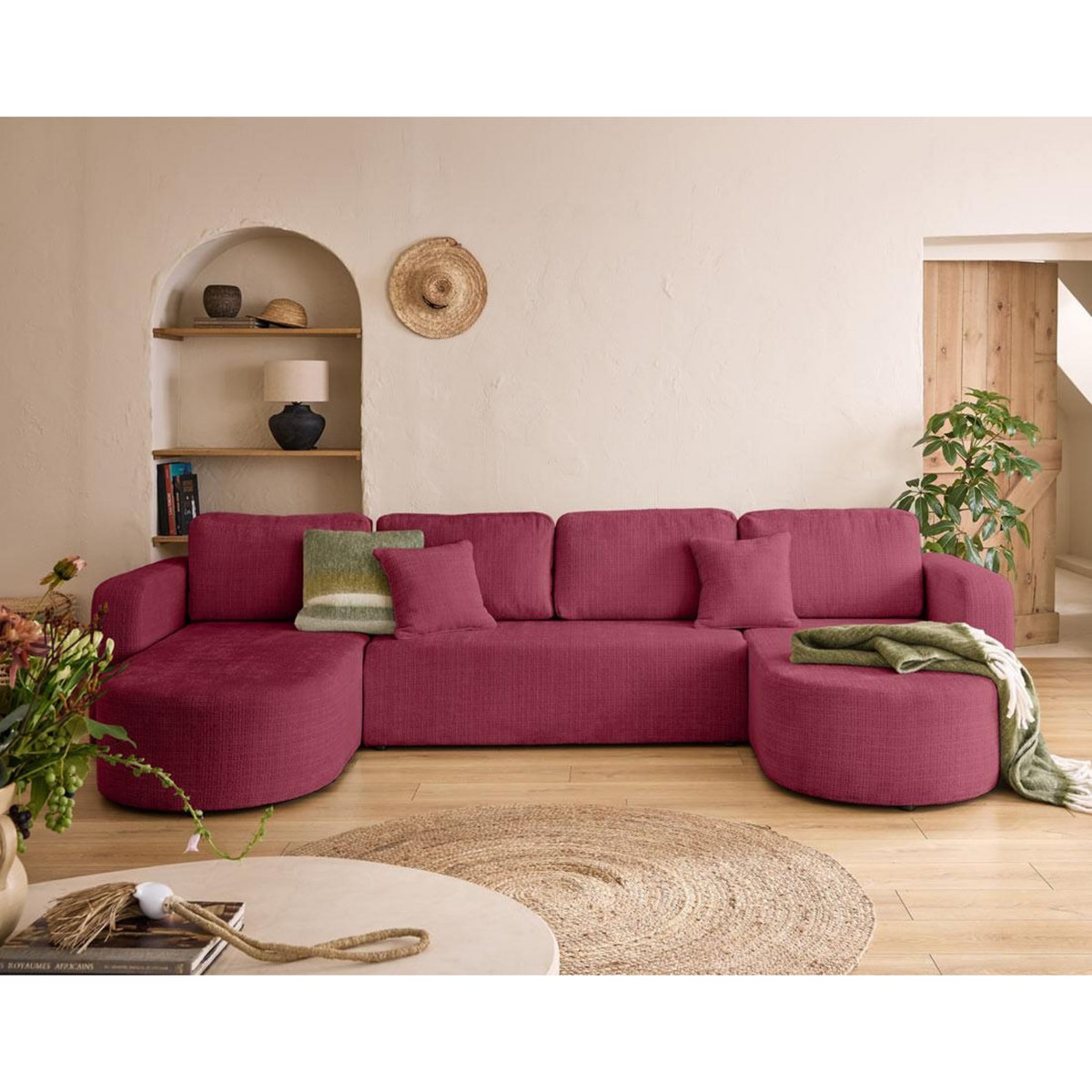 BEST MOBILIER Miro - canapé panoramique en u 7 places - convertible avec coffre - en velours texturé