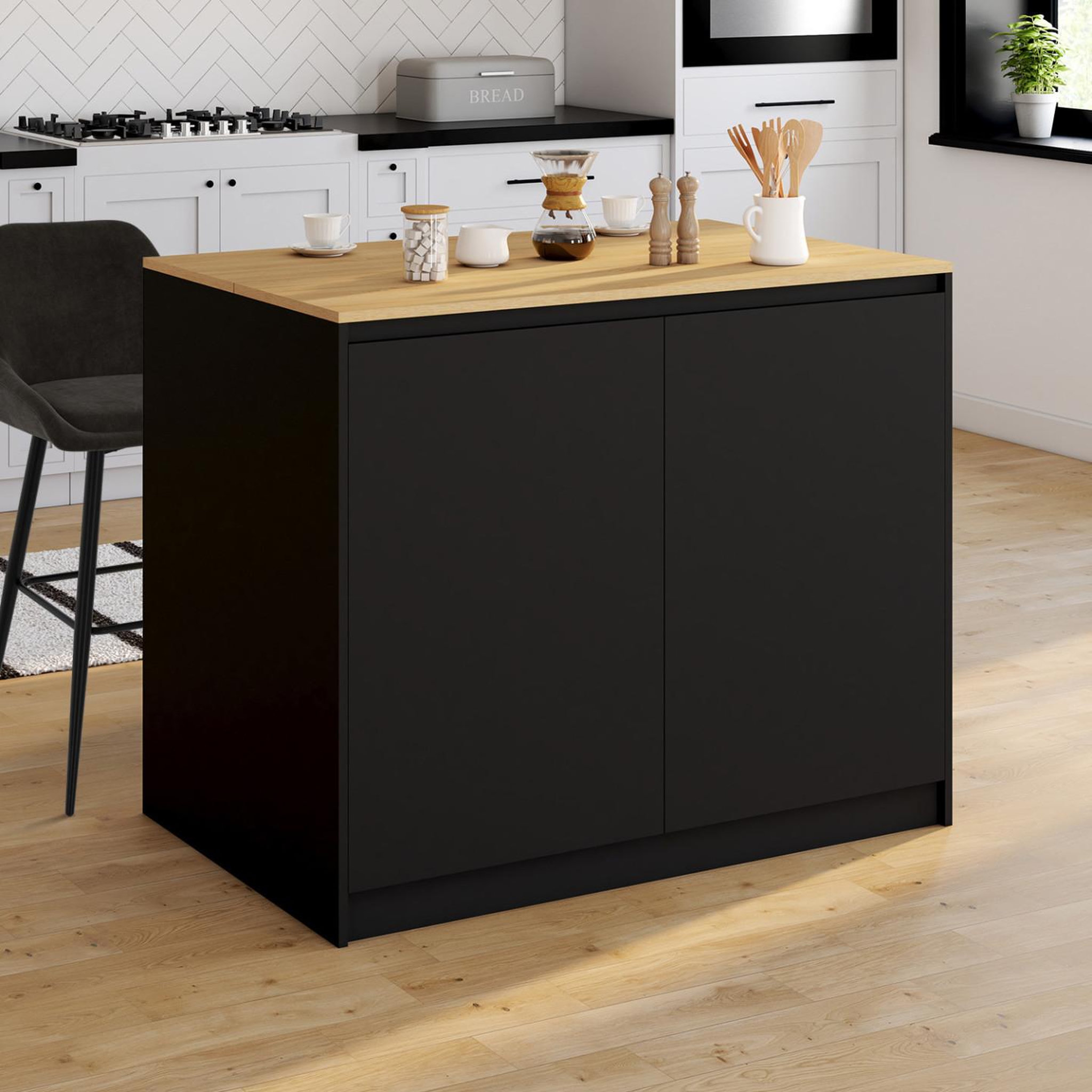 Voir la diapositive 2 : ID MARKET Ilot central cesar 110 cm avec tablette relevable rectangulaire bois noir et façon hêtre