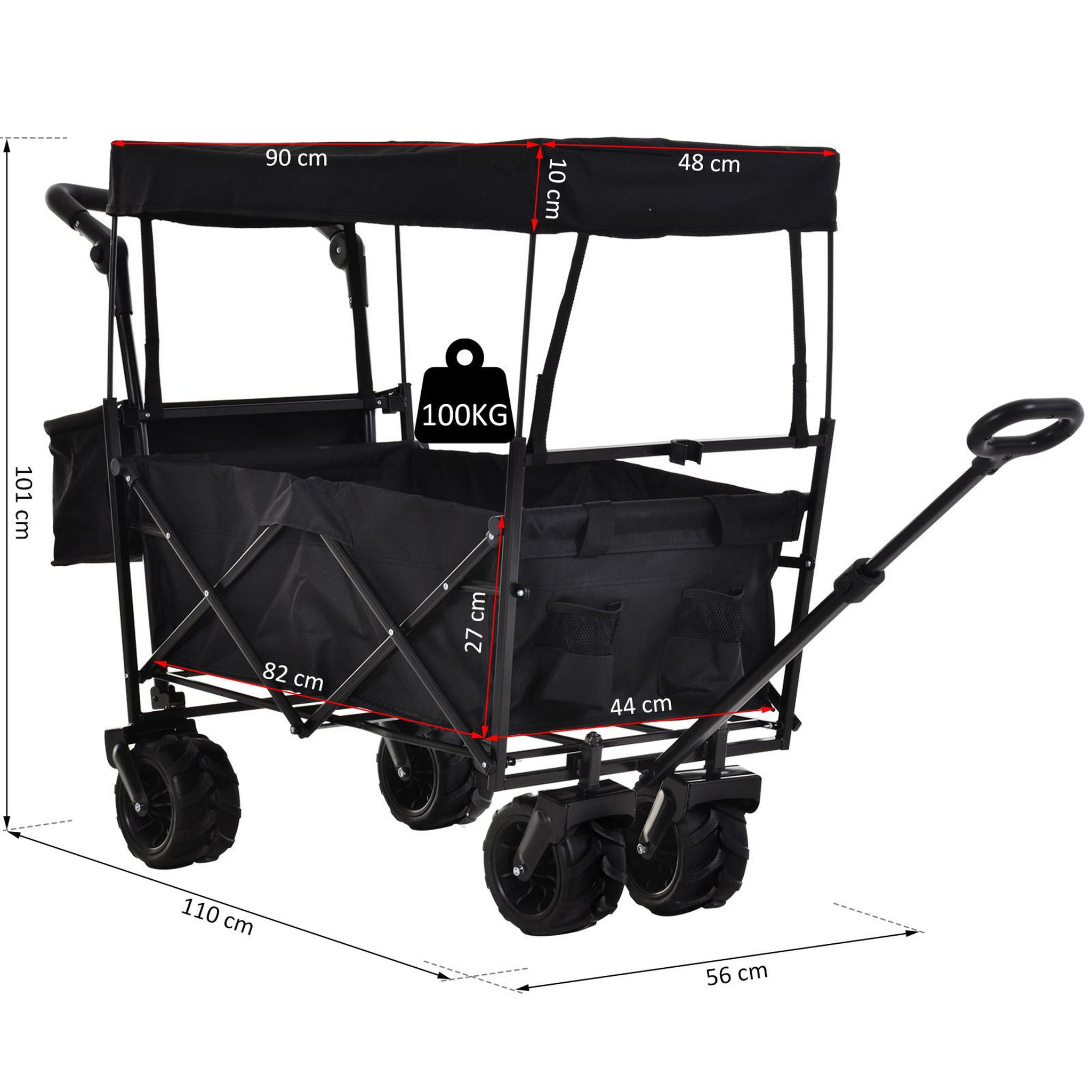 Voir la diapositive 3 : OUTSUNNY Chariot pliant avec toit, poignée, panier - chariot de plage - chariot de transport pliable tout-terrain métal oxford noir