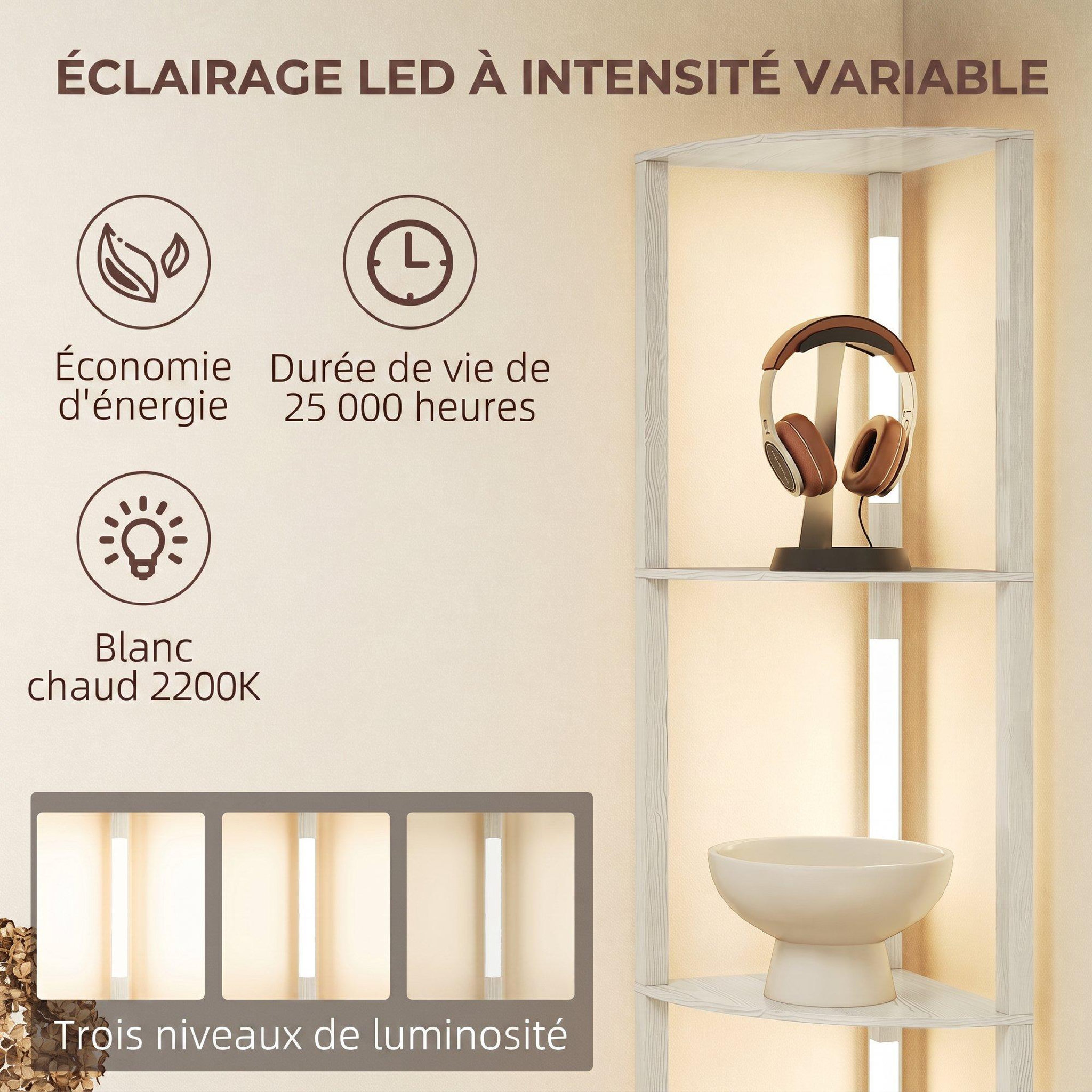 Voir la diapositive 5 : HOMCOM Lampadaire étagère led d'angle réglable 4 niveaux design bois clair