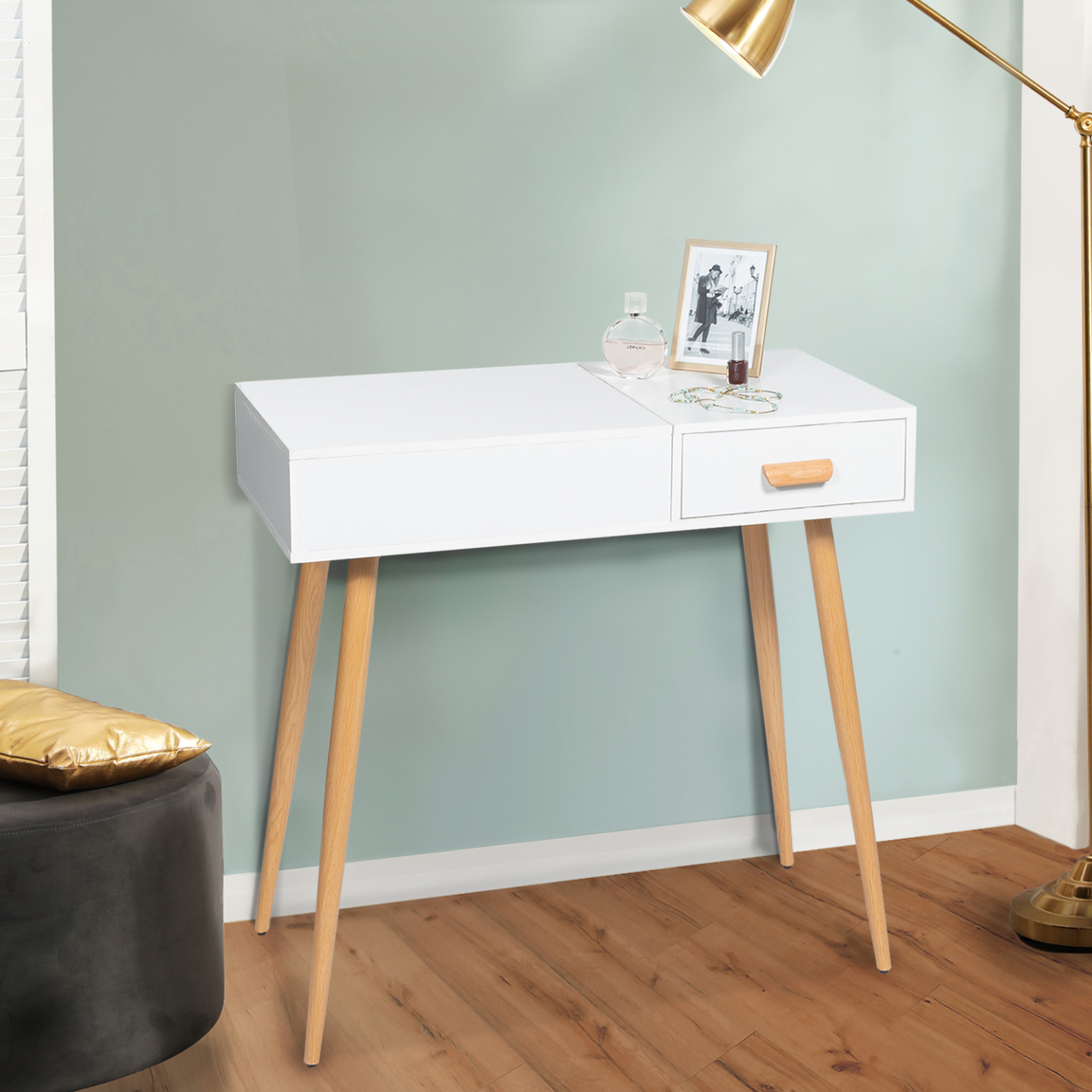 Voir la diapositive 5 : ID MARKET Coiffeuse scandinave lisa miroir rabattable blanche