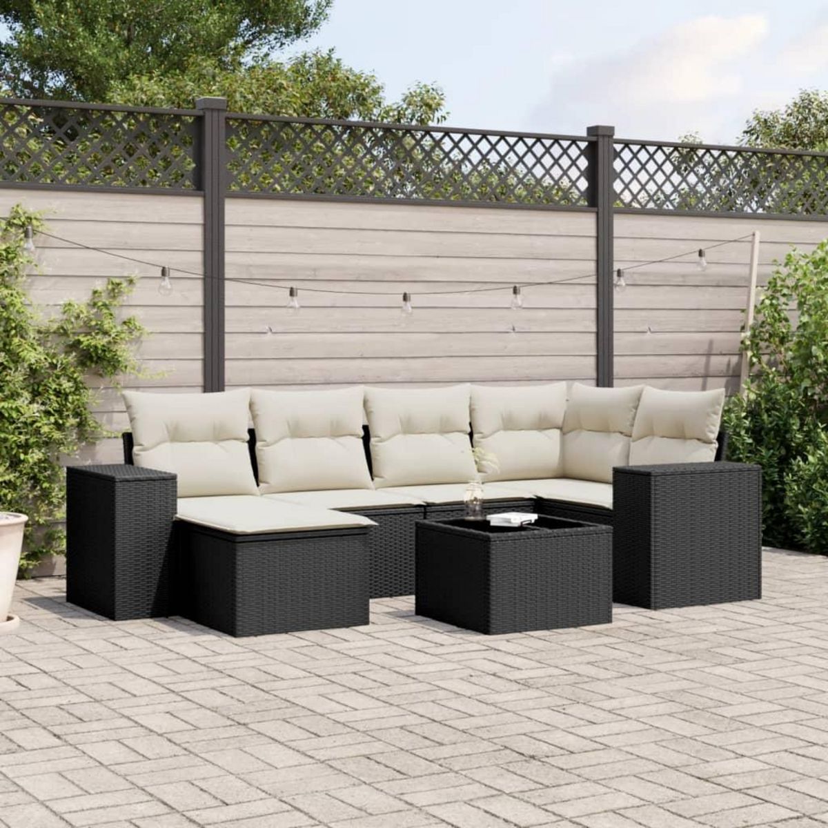 VIDAXL Salon de jardin 7 pcs avec coussins noir resine tressee
