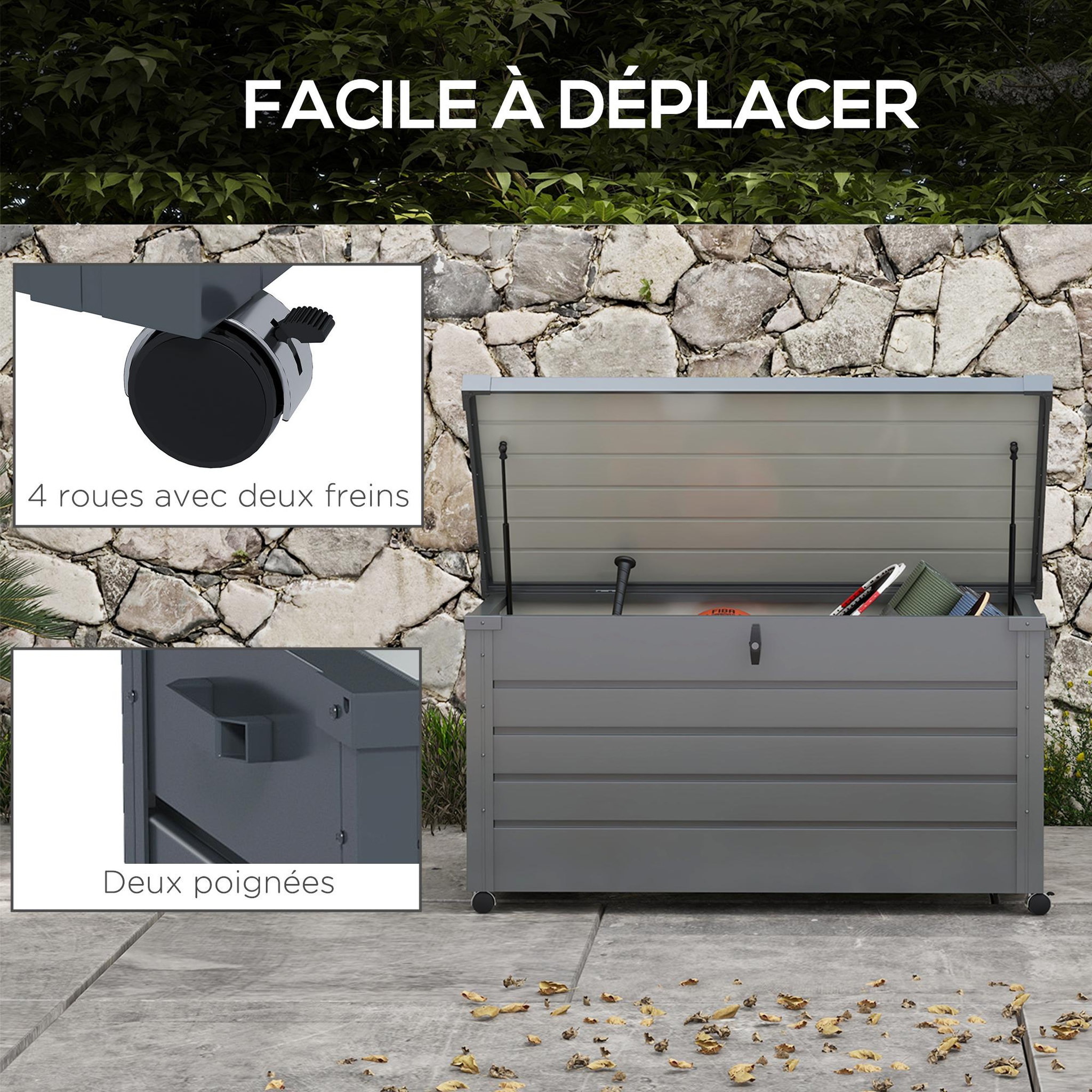 Voir la diapositive 4 : OUTSUNNY Coffre de jardin grande taille 311L verrouillable - roulettes, poignées, vérins gaz - acier anthracite