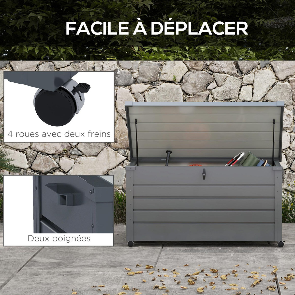 OUTSUNNY Coffre de jardin grande taille 311L verrouillable - roulettes, poignées, vérins gaz - acier anthracite