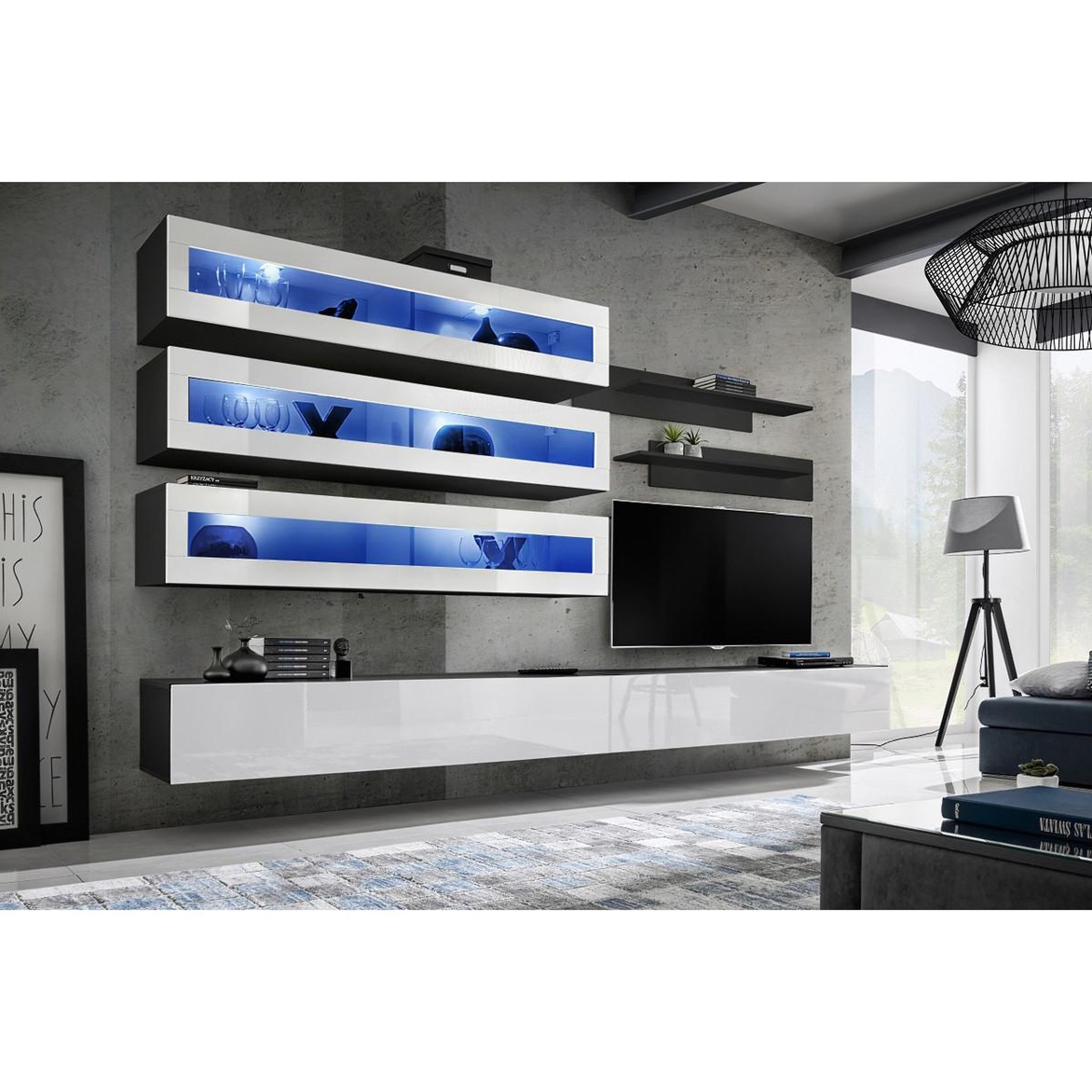 Voir la diapositive 2 : Paris Prix Ensemble meuble tv mural  fly j2  320cm blanc & noir