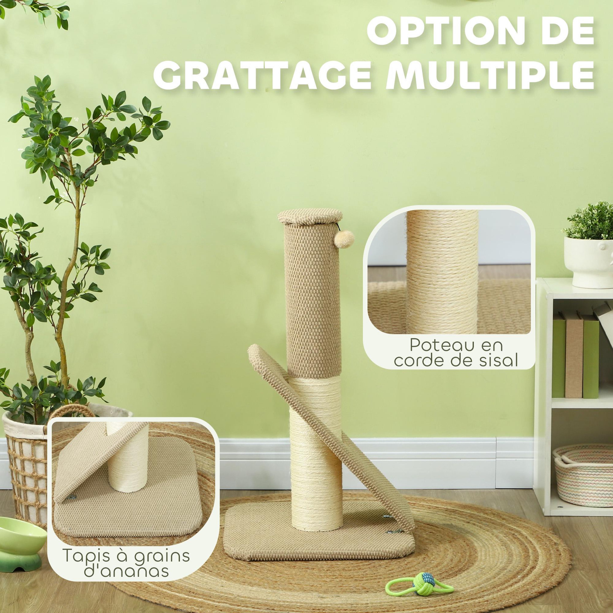 Voir la diapositive 6 : PAWHUT Griffoir chat taille M - Poteau à griffer H.84 cm, jeu boule - sisal naturel revêtement patchwork grain d'ananas beige