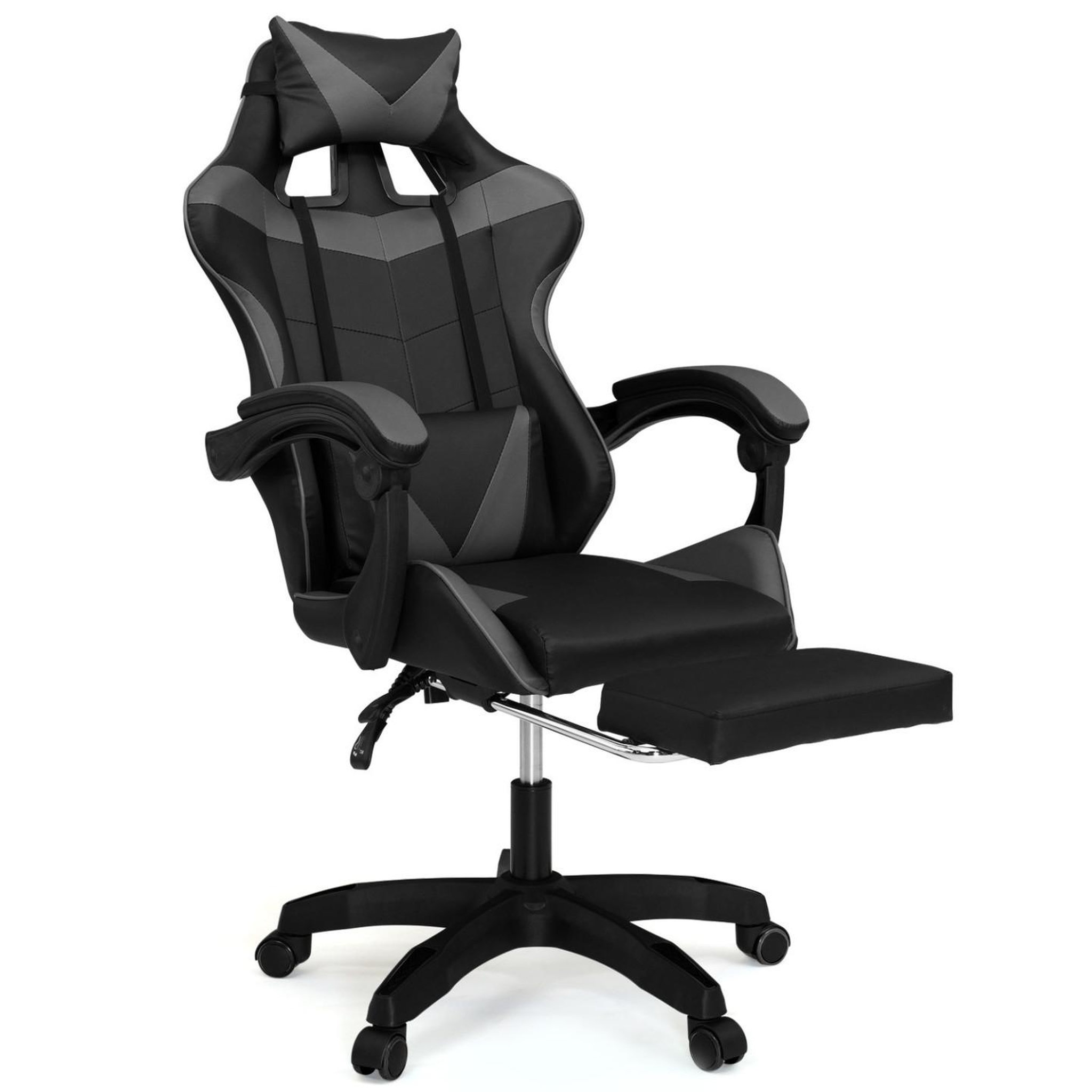 ID MARKET Fauteuil de gaming alex réglable avec repose-pied, coussin de tête et coussin lombaire noir et gris