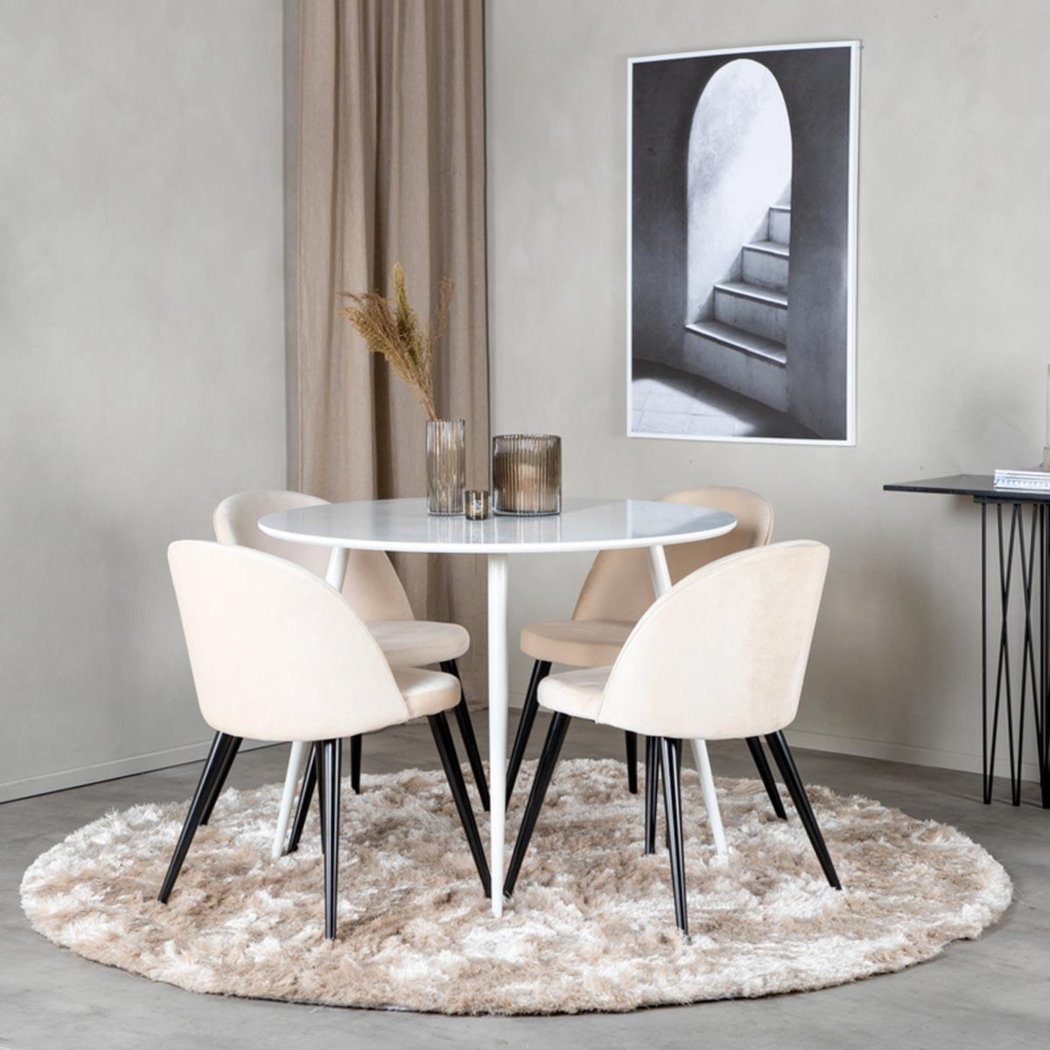 Voir la diapositive 4 : Paris Prix Ensemble table à manger & 4 chaises  plaza i & velvet  100cm blanc & beige