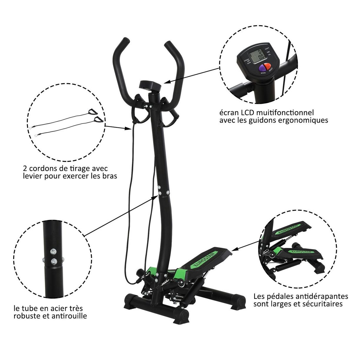 HOMCOM Mini stepper avec guidon, extenseurs, écran LCD multifonction et tapis antidérapant noir et vert