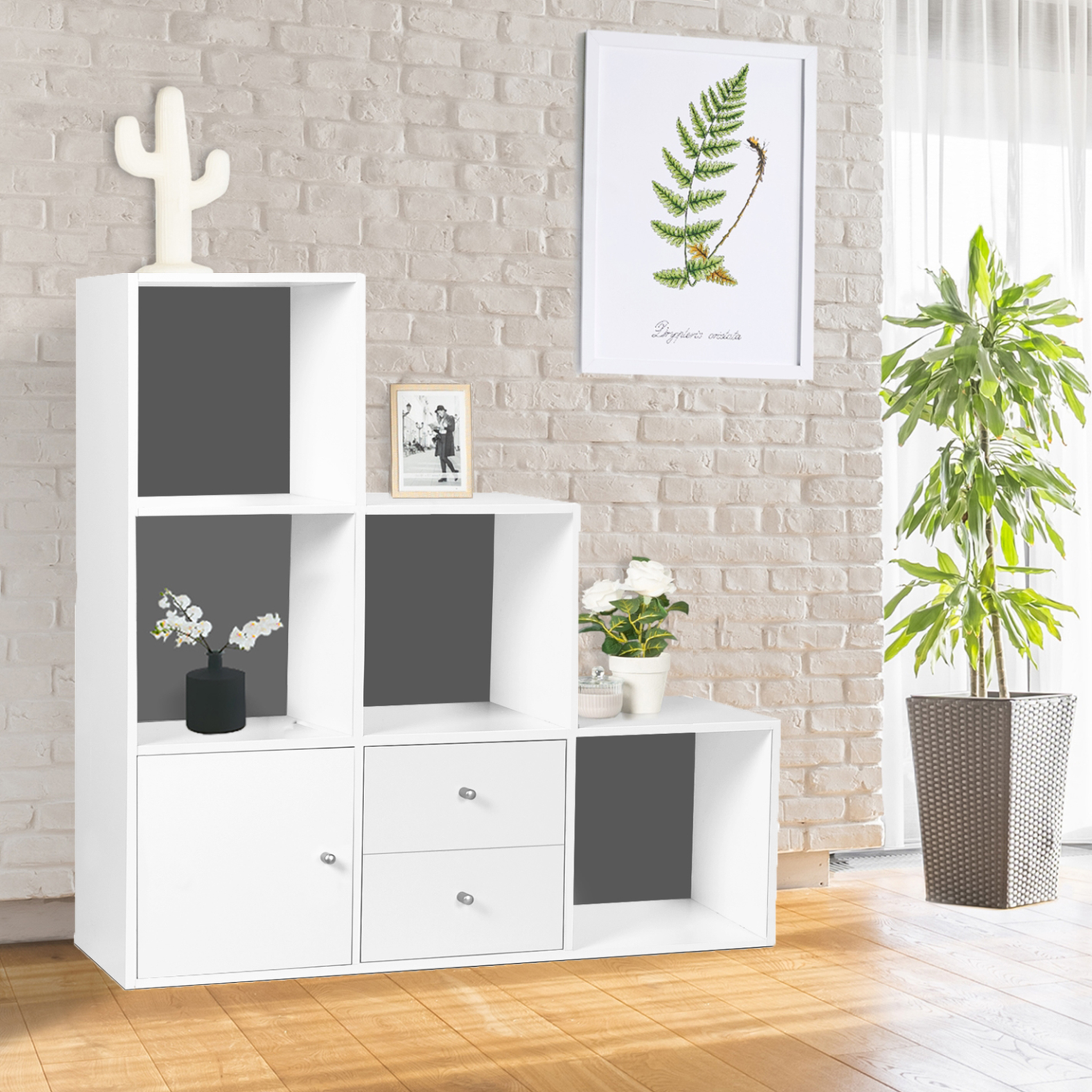 Voir la diapositive 2 : ID MARKET Meuble de rangement en escalier liam 3 niveaux bois blanc fond gris avec porte et tiroirs