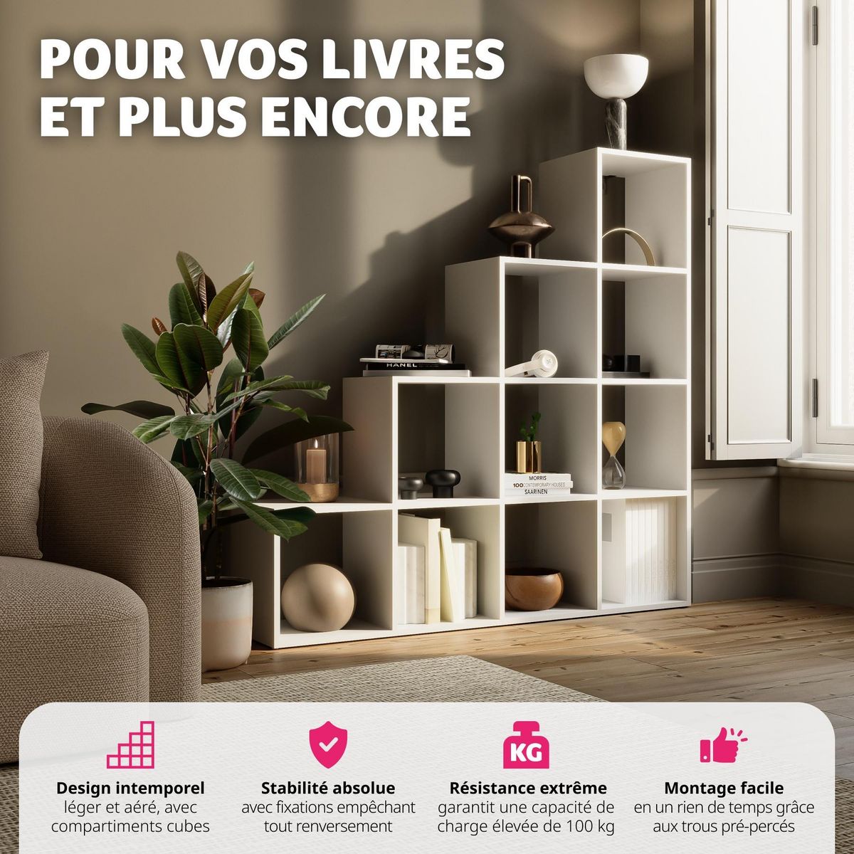 tectake Bibliothèque design cubes pratique blanc
