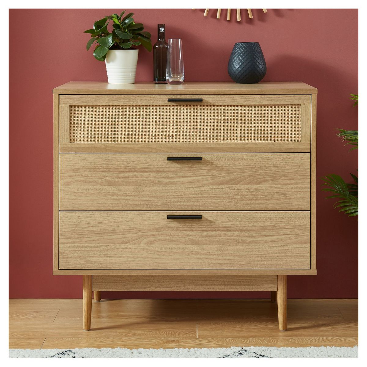 Commode 3 Tiroirs Cannage Naturel- Décor Imitation Bois L80cm AMANDINE