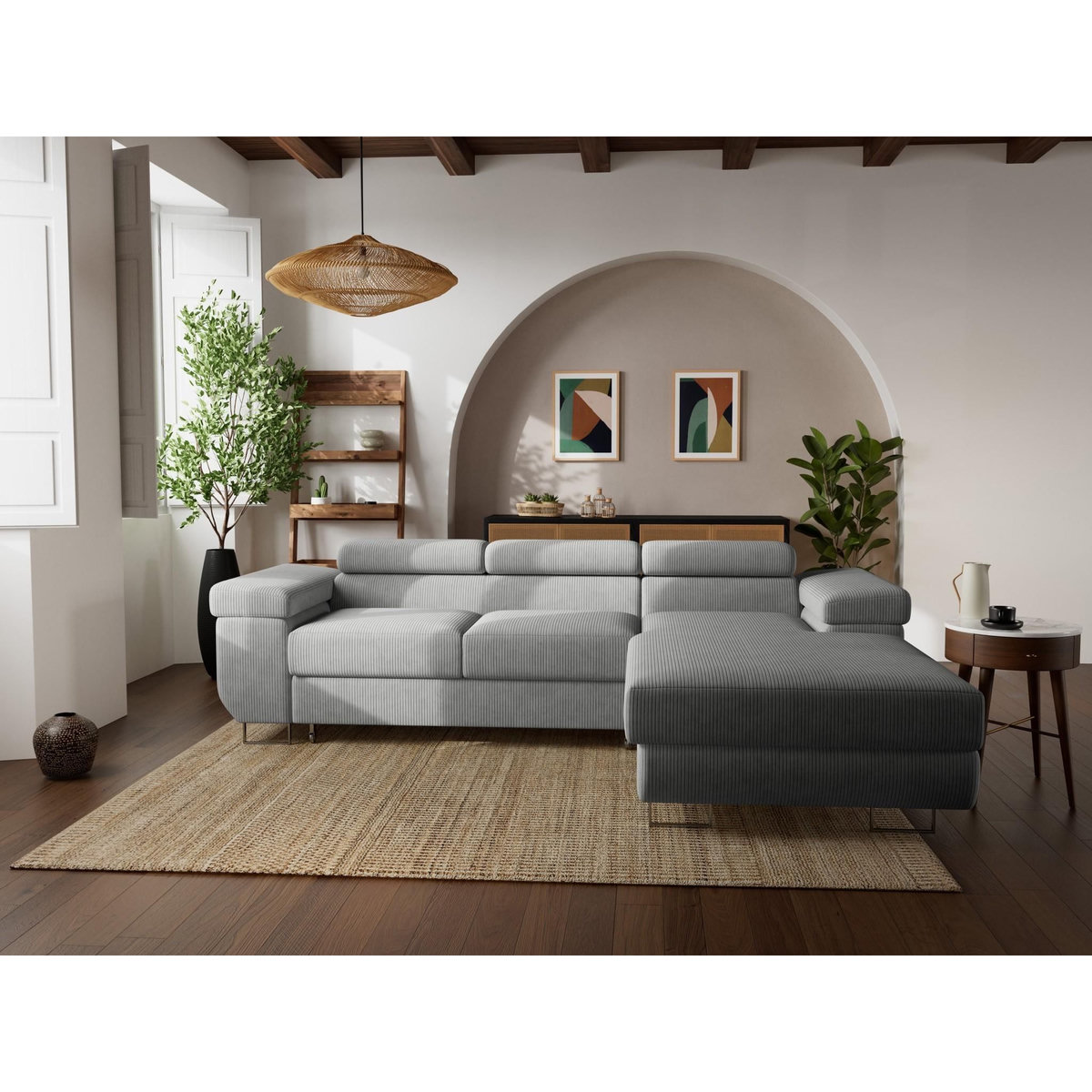 BEST MOBILIER Pablo - canapé d'angle droit - 6 places - convertible avec coffre et têtières réglables - en velours côtelé