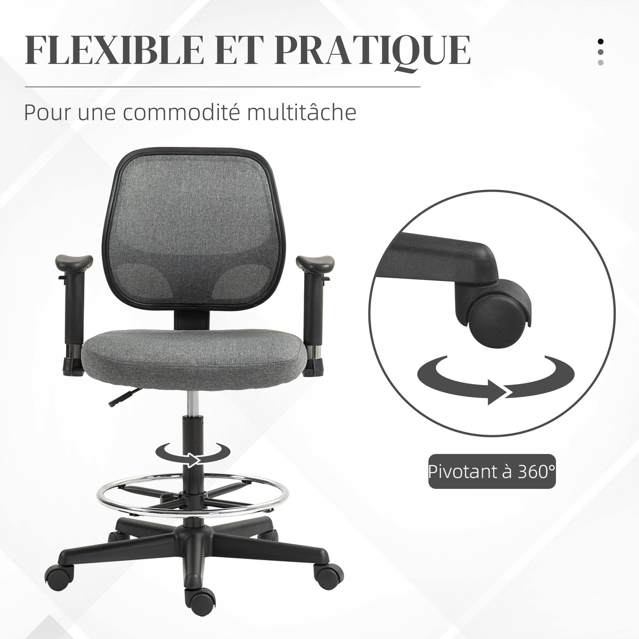 Voir la diapositive 6 : VINSETTO Chaise de bureau assise haute réglable accoudoirs réglables pivotante 360° tissu gris chiné