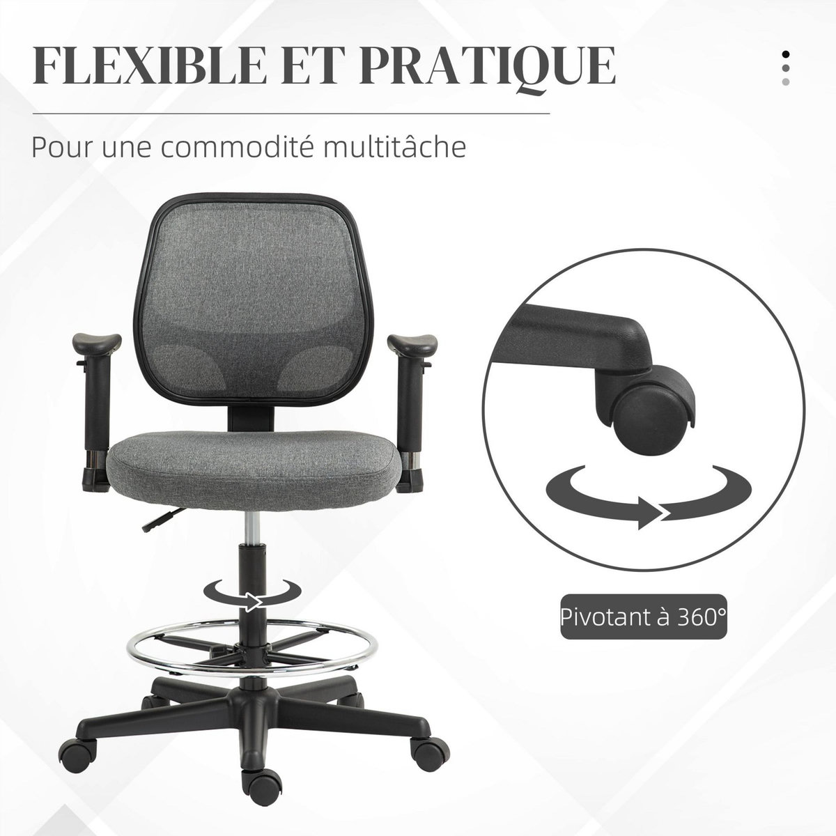 VINSETTO Chaise de bureau assise haute réglable accoudoirs réglables pivotante 360° tissu gris chiné
