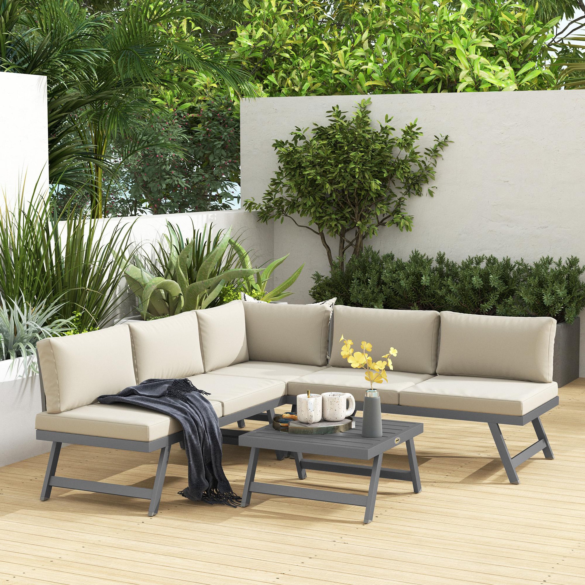 Voir la diapositive 2 : OUTSUNNY Ensemble salon de jardin modulable 5 personnes 4 pièces design alu gris coussins beige