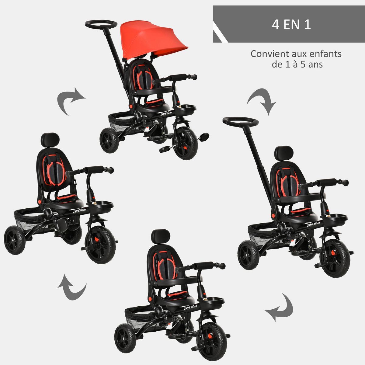 HOMCOM Tricycle enfant évolutif pliable 4 en 1 multifonction - pare-soleil, canne télescopique amovible - siège pivotant, harnais, arceau sécurité - 3 paniers rangement - métal PP rouge noir