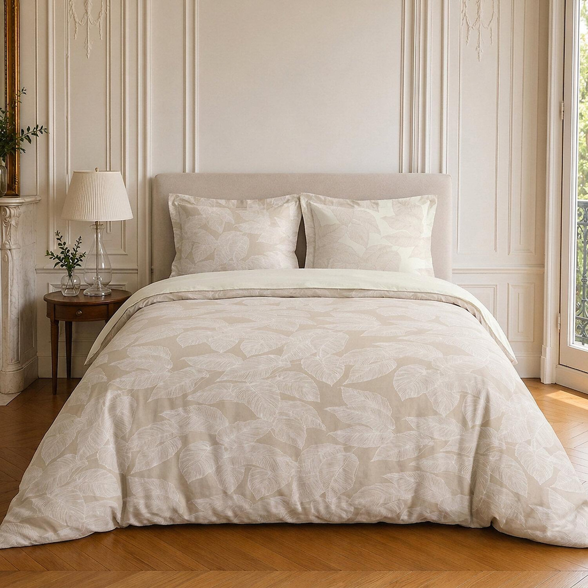 Home collection Parure housse de couette imprimée 100% coton 57 fils - feuille. Coloris disponibles : Beige