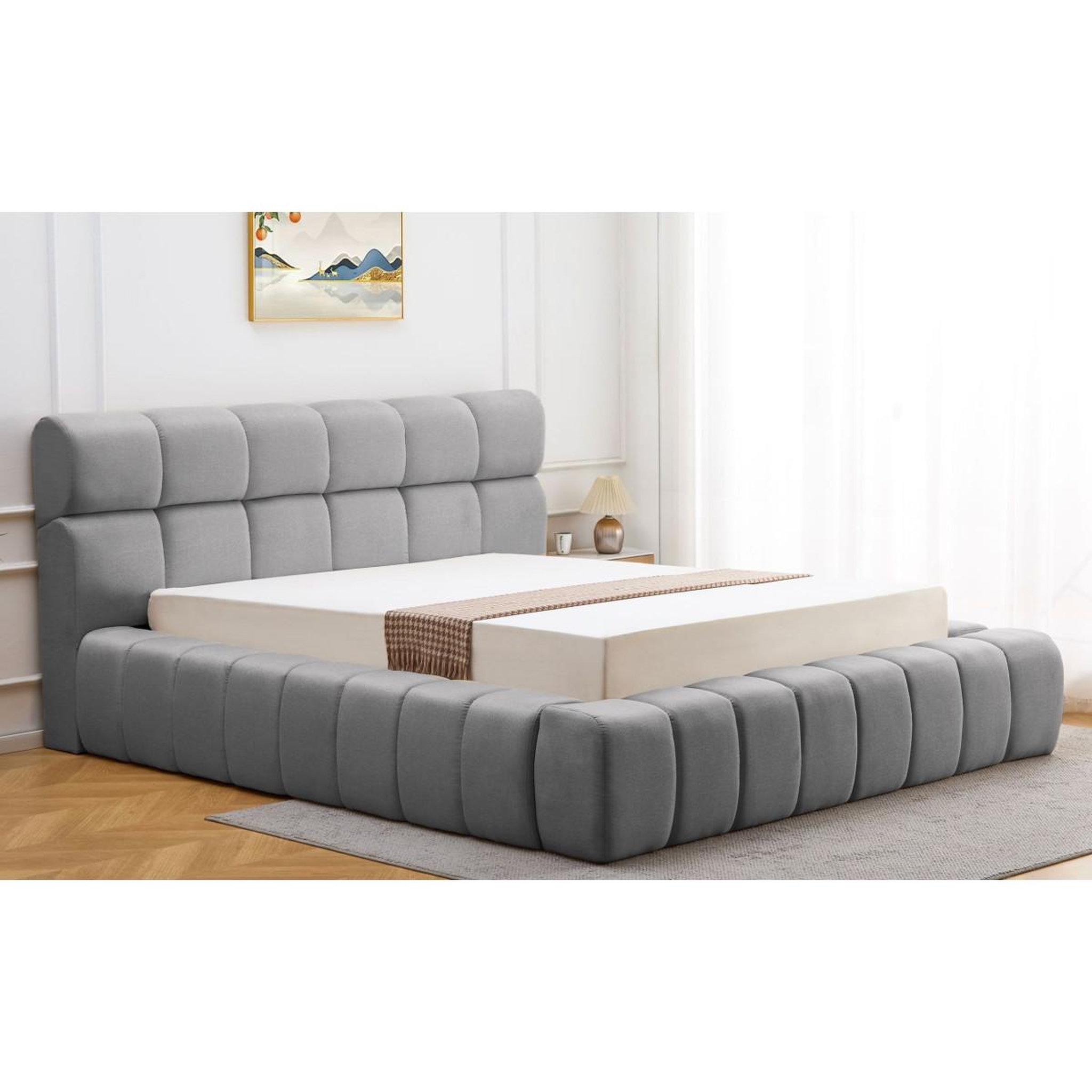 Voir la diapositive 2 : Paris Prix Lit coffre matelassé en tissu  seth  180x200cm gris foncé