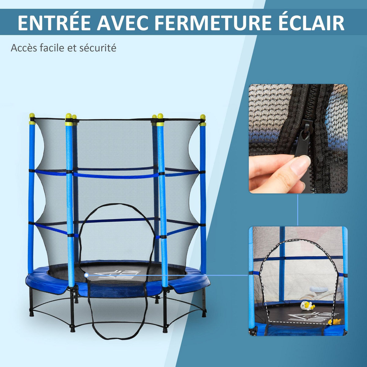 HOMCOM Trampoline enfant Ø 1,40 × 1,60H m filet de sécurité porte zipée couvre-ressorts 6 poteaux rembourrés inclus bleu
