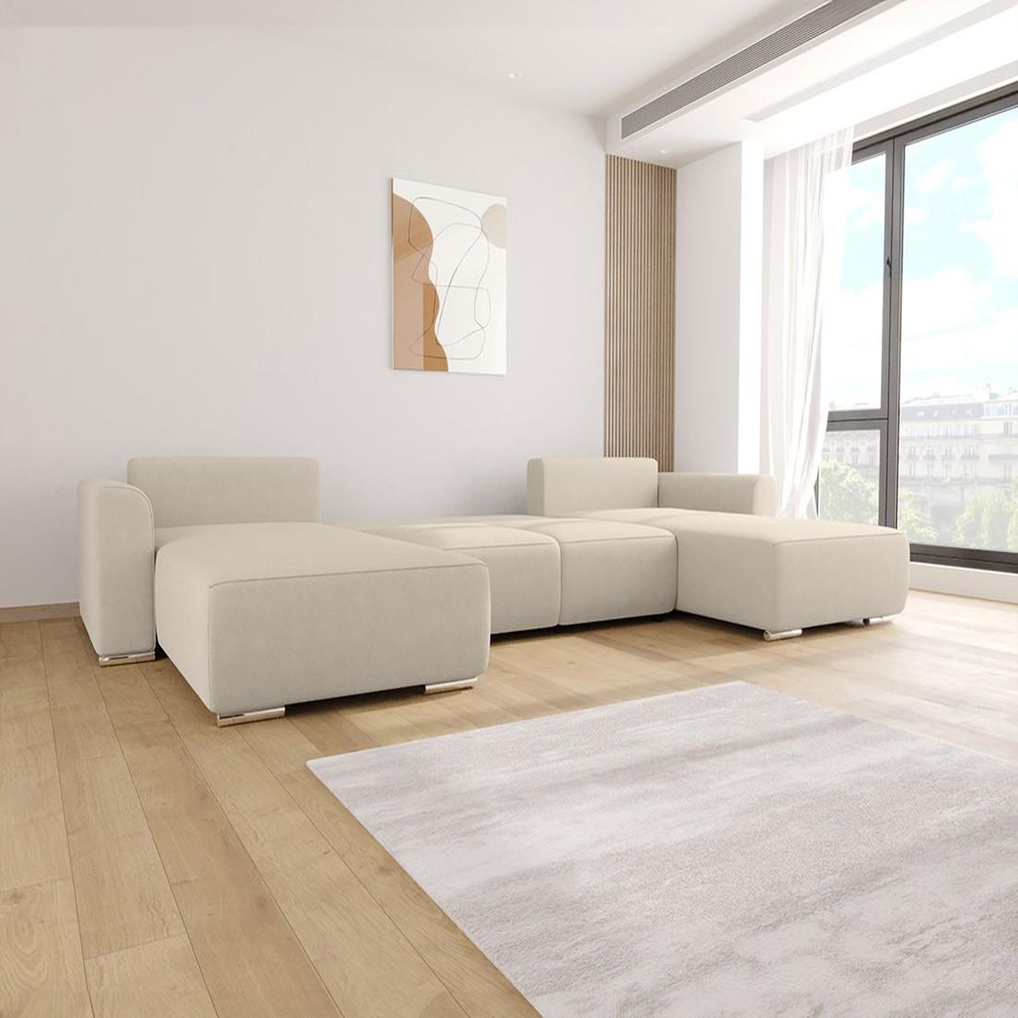 Voir la diapositive 3 : BEST MOBILIER Gabriel - canapé panoramique en u 7 places convertible avec coffre en tissu texturé