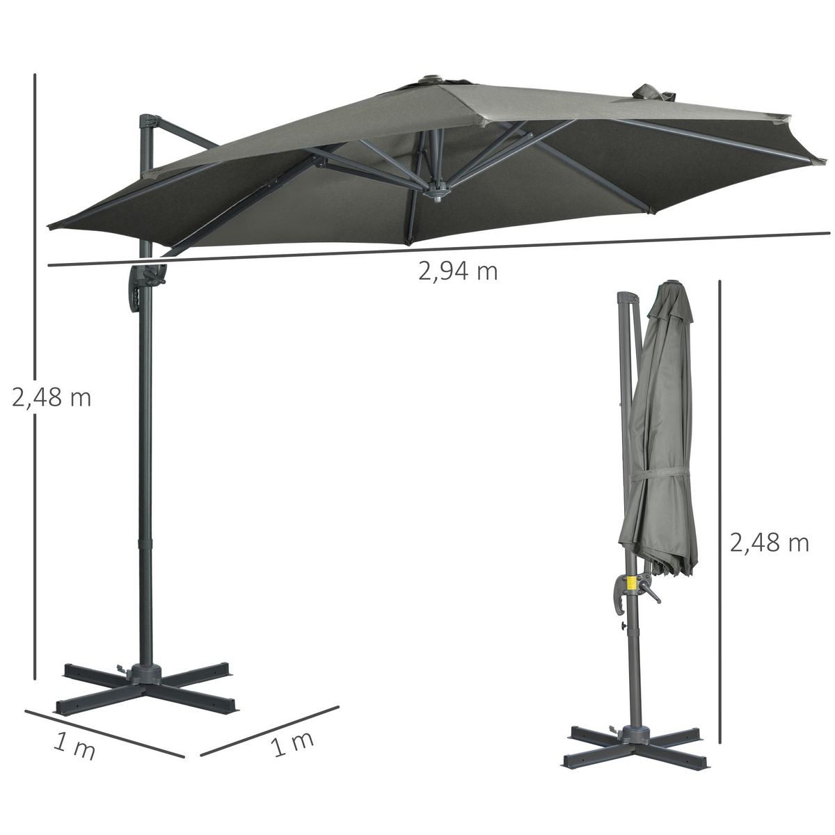 OUTSUNNY Parasol déporté octogonal inclinable manivelle avec pied en acier Ø 2,94 x 2,48H m gris