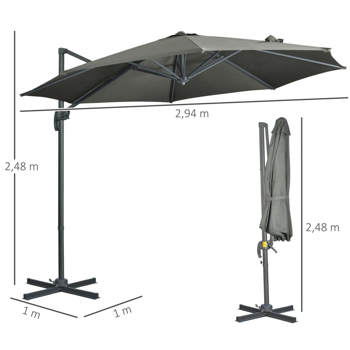 OUTSUNNY Parasol déporté octogonal inclinable manivelle avec pied en acier Ø 2,94 x 2,48H m gris