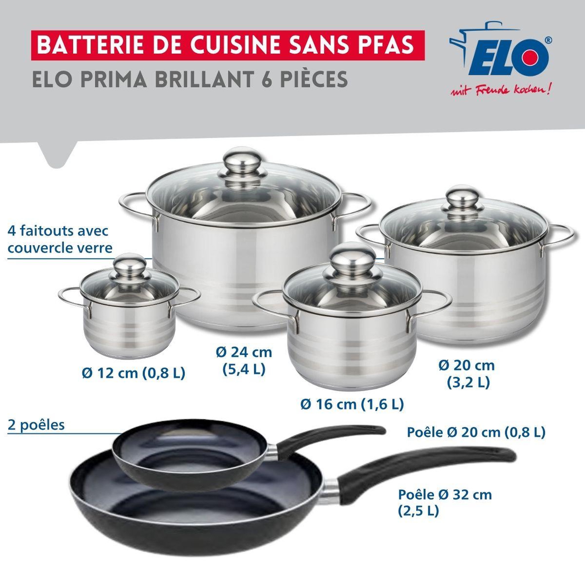 Voir la diapositive 2 : ELO Ensemble de 2 poêles de cuisson 20 et 32 cm et 4 faitouts 12, 16, 20 et 24 cm elo prima brillant
