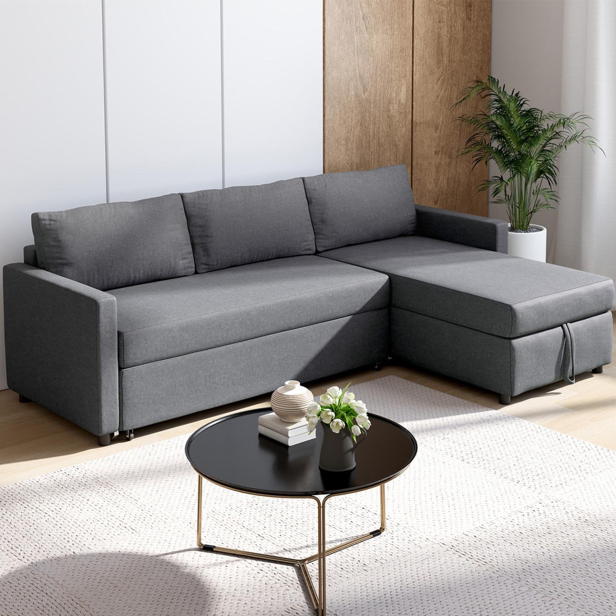 Voir la diapositive 2 : ID MARKET Canapé d'angle convertible avec méridienne coffre noah en tissu gris anthracite