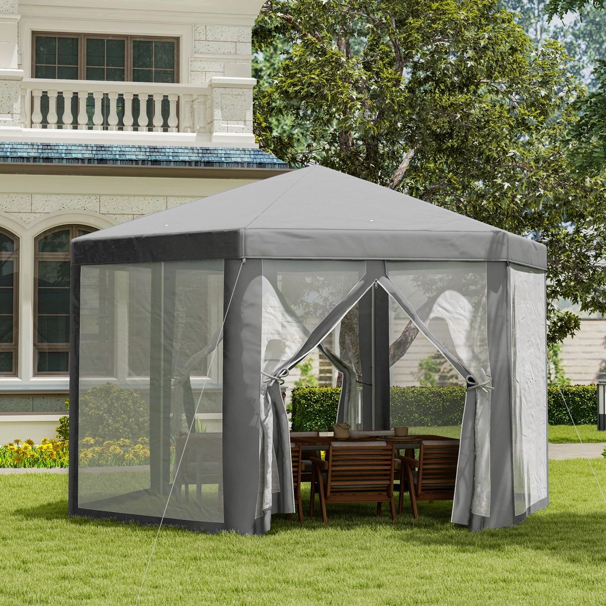 OUTSUNNY Tonnelle barnum tente de réception hexagonale style cosy métal polyester imperméabilisé surface env. 10 m² gris