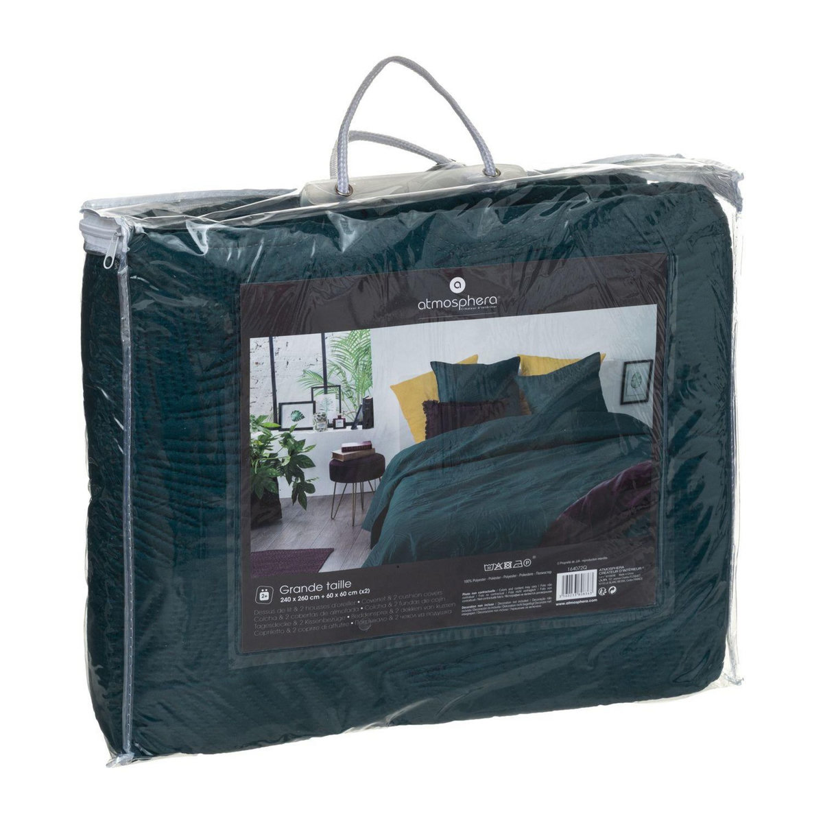 ATMOSPHERA Dessus de lit Jungle avec 2 taies d'oreillers - Bleu canard