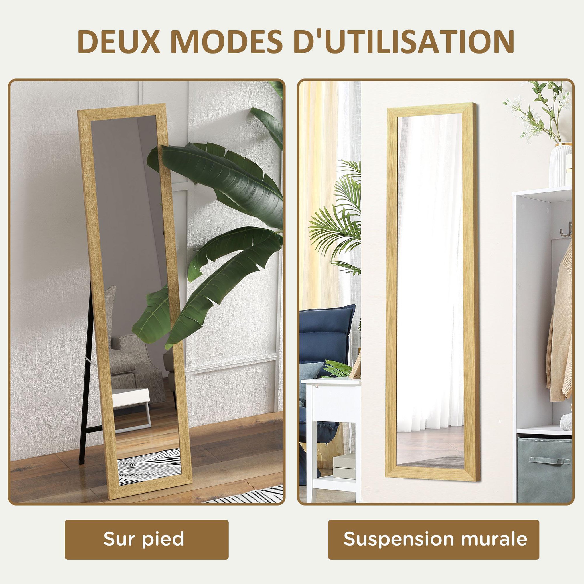 Voir la diapositive 5 : HOMCOM Miroir sur pied et mural rectangulaire dim. 37L x 40l x 157H cm piètement métal noir aspect chêne clair