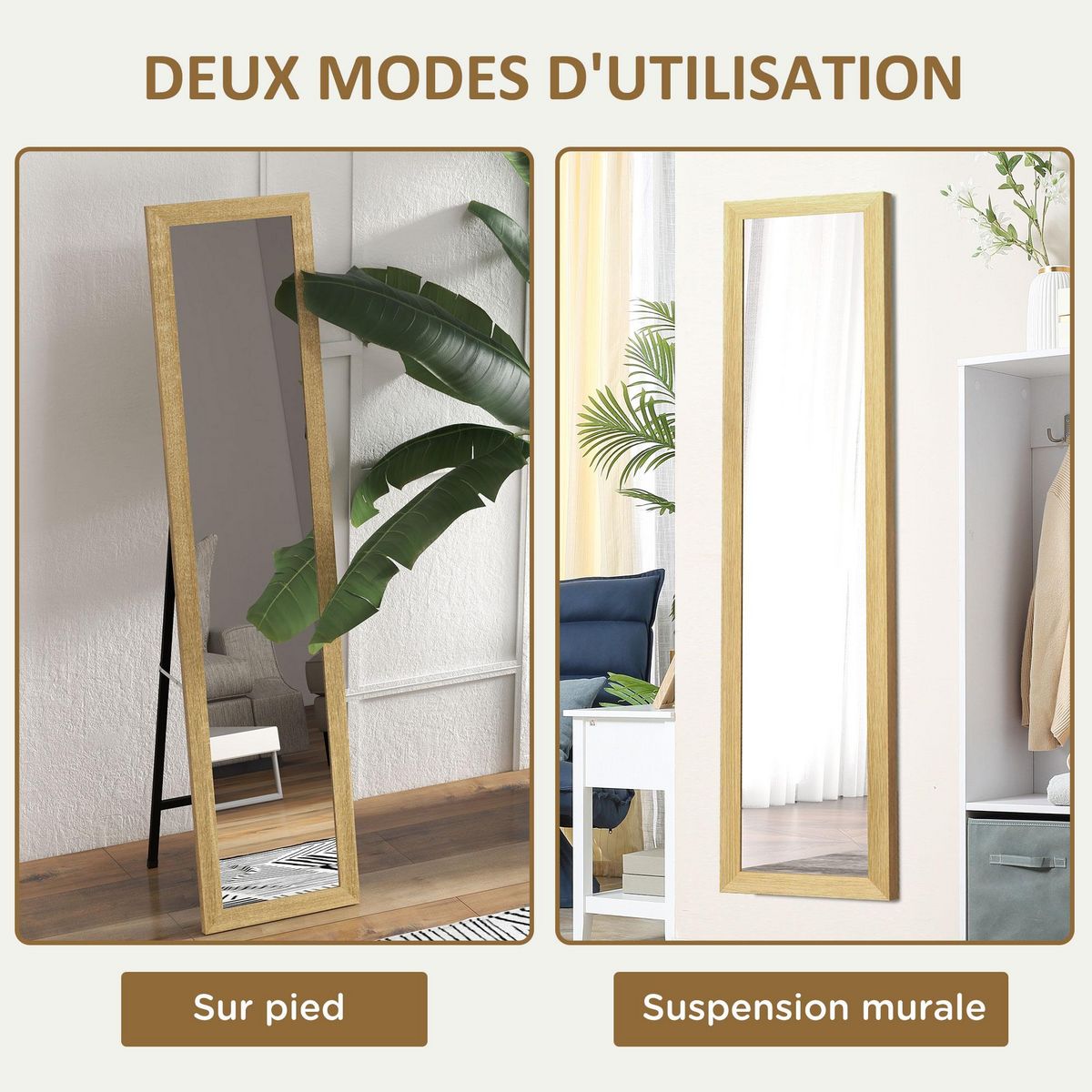 HOMCOM Miroir sur pied et mural rectangulaire dim. 37L x 40l x 157H cm piètement métal noir aspect chêne clair