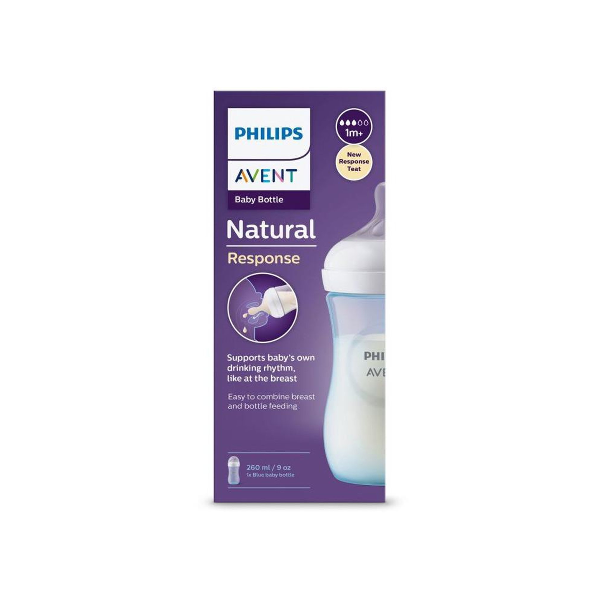 Voir la diapositive 2 : Philips Avent Biberon bébé 260 ml natural response bleu à tétine débit moyen imitant le sein anti-colique anti-fuite