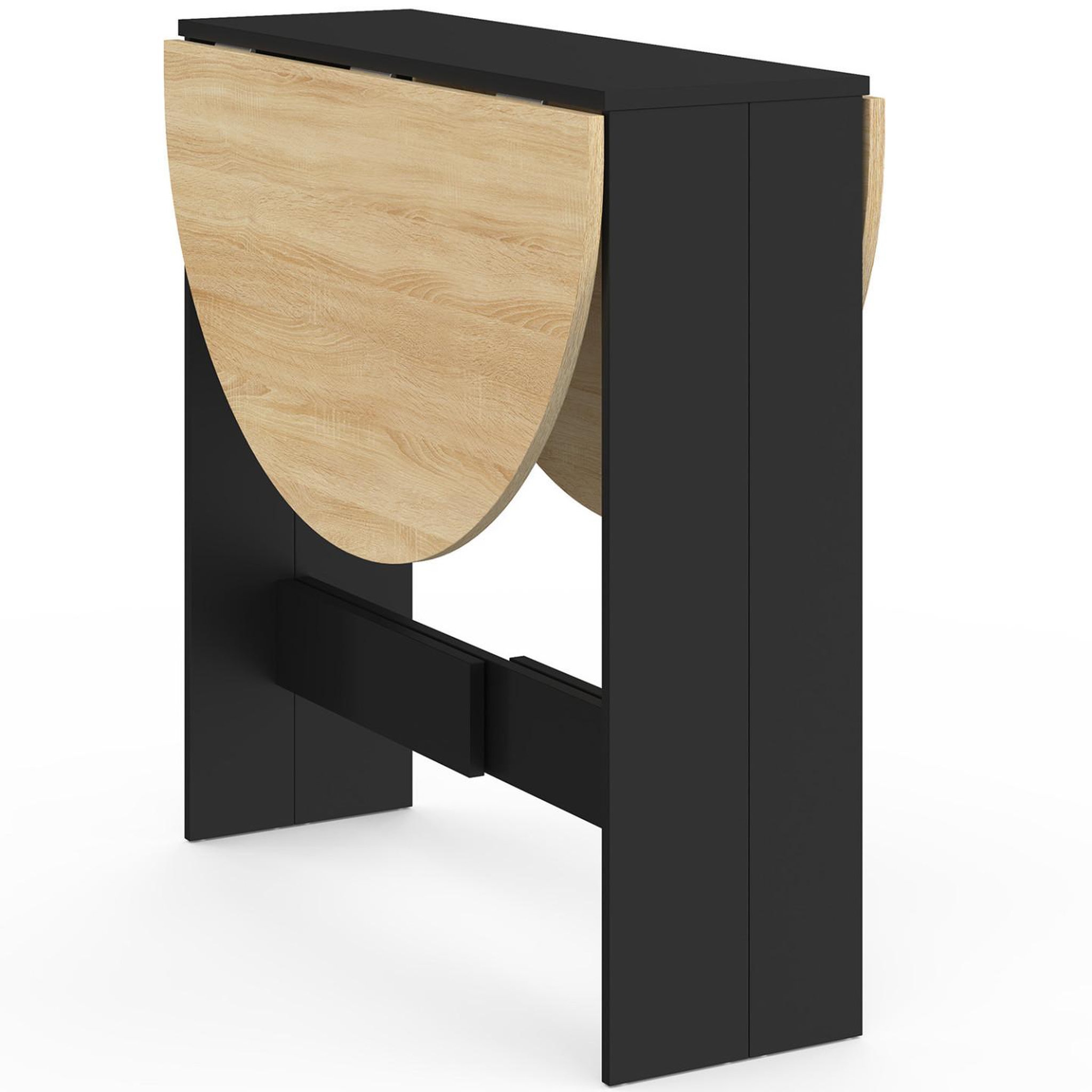 Voir la diapositive 3 : ID MARKET Table console pliable ronde edi 2-4 personnes bois noir plateau façon hêtre 103 x 76 cm