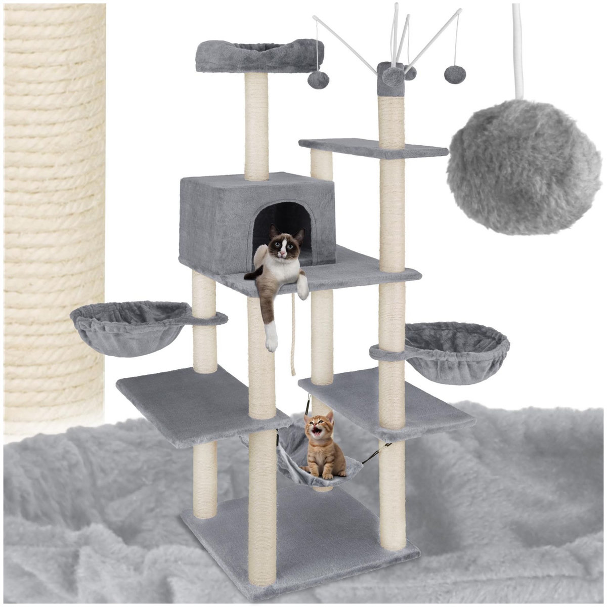 tectake Arbre à chat 165 cm avec griffoir et plateforme d'escalade gris