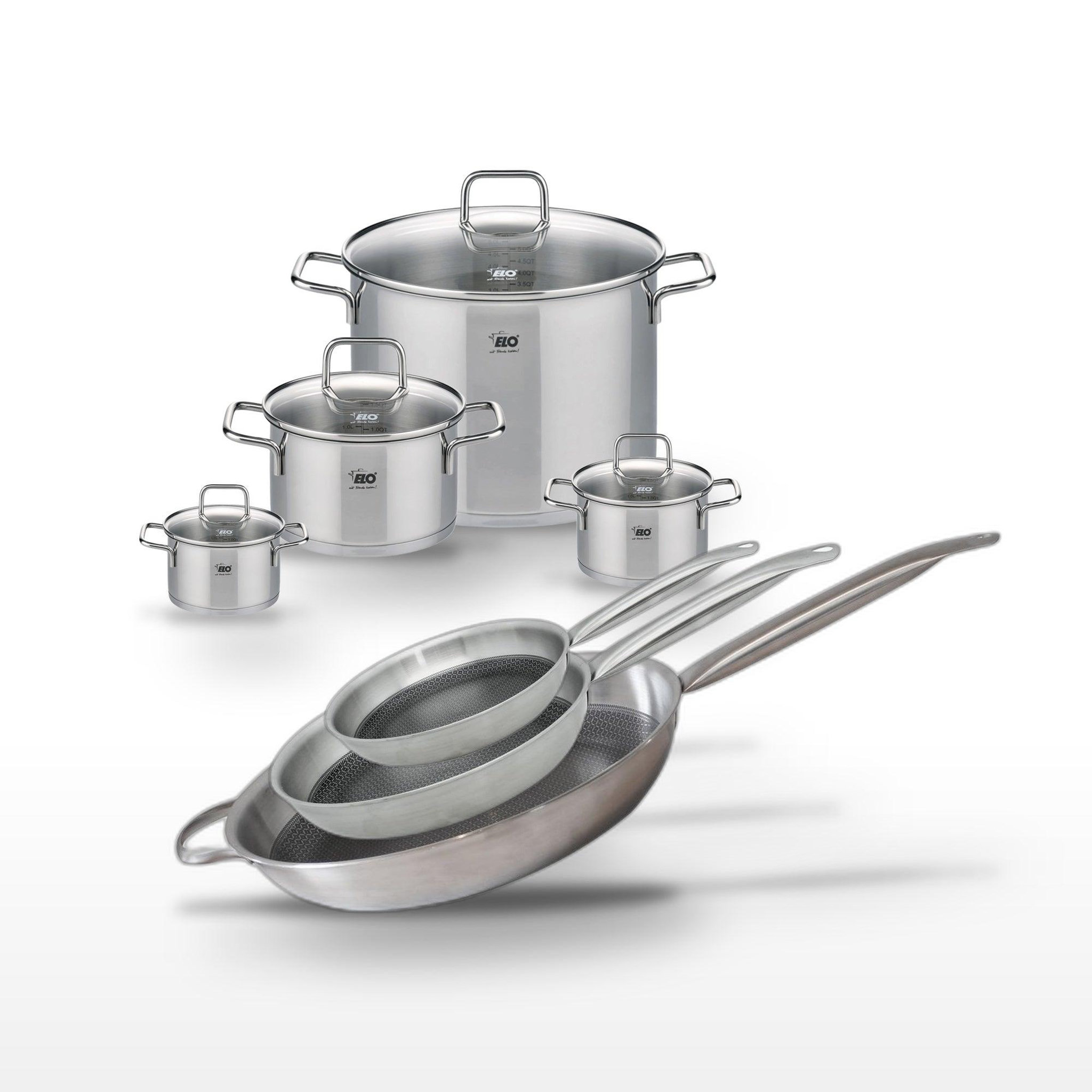 ELO Batterie de cuisine avec 3 poêles 24/28/32 cm et 4 faitouts 12/14/20/26 cm en inox sans pfas elo collection relief solution citrin