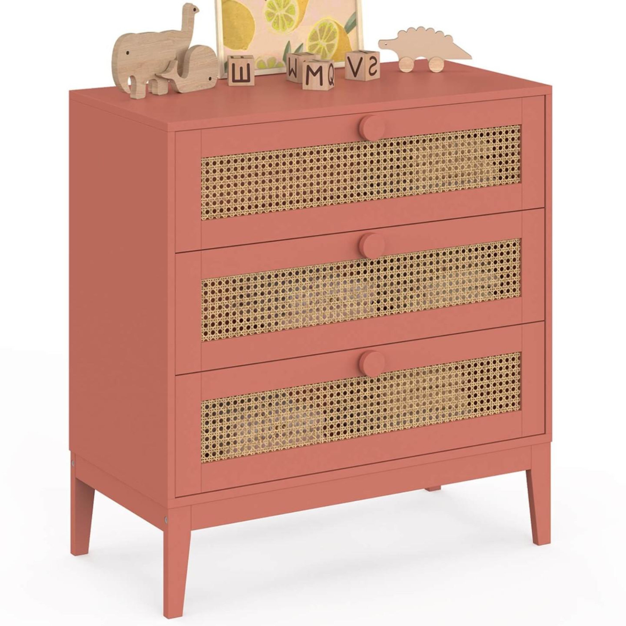 ID MARKET Commode 3 tiroirs adelie 80 cm enfant cannage et vieux rose