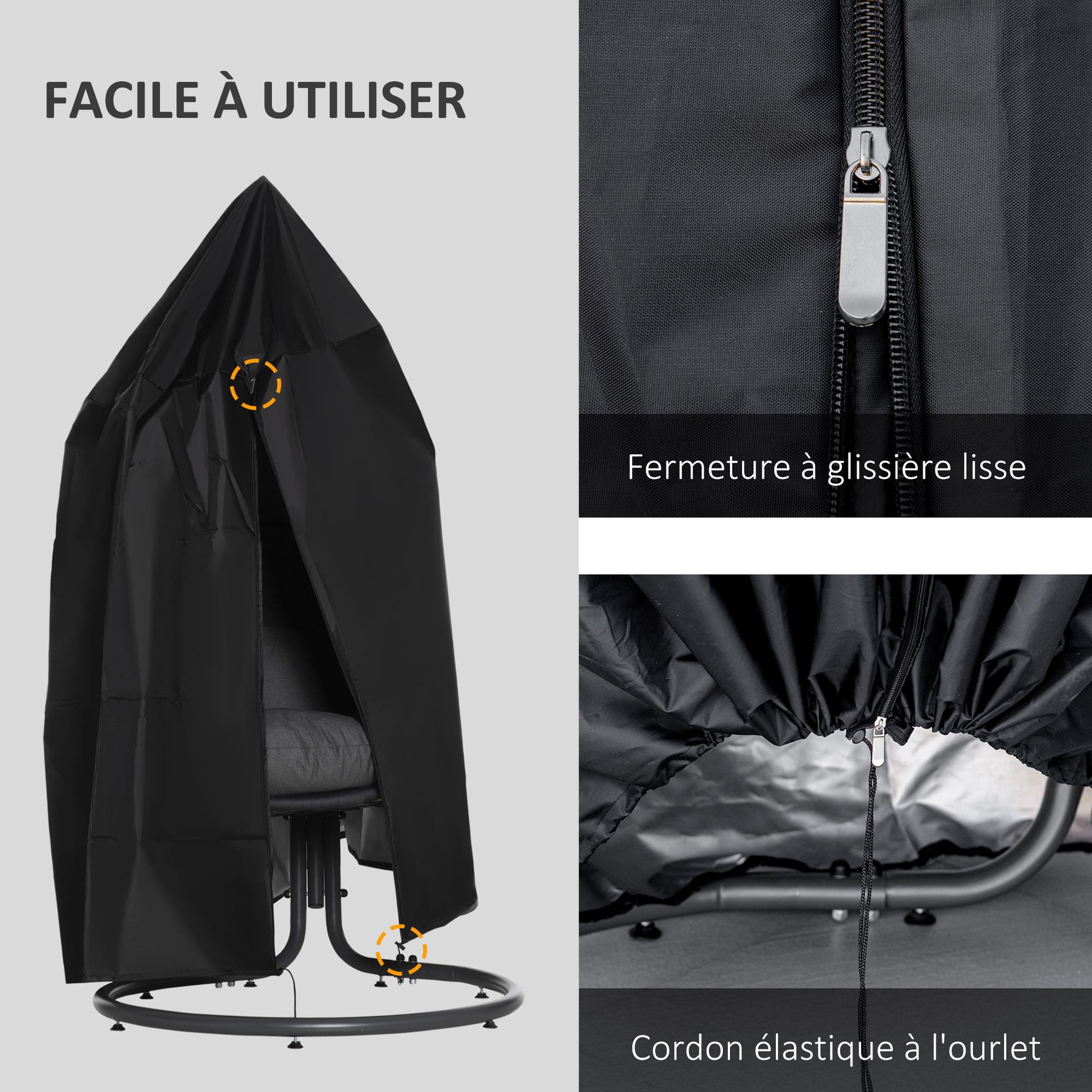 Voir la diapositive 5 : OUTSUNNY Housse fauteuil suspendu zippée cordon de serrage - dia. 115 x 190h cm - oxford 210d noir
