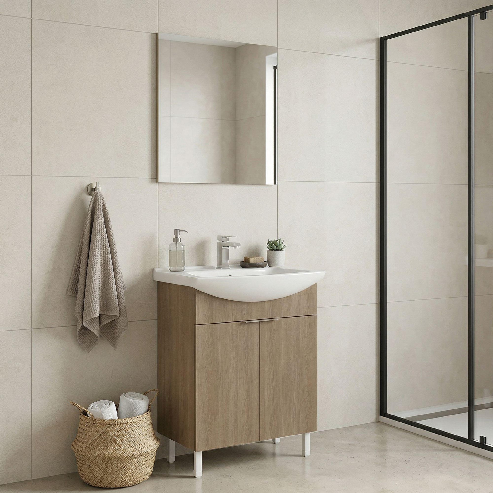 Voir la diapositive 2 : Habitat et Jardin Meuble avec simple vasque et miroir  Purus 65  - 65 x 50 x 83 cm - Oak
