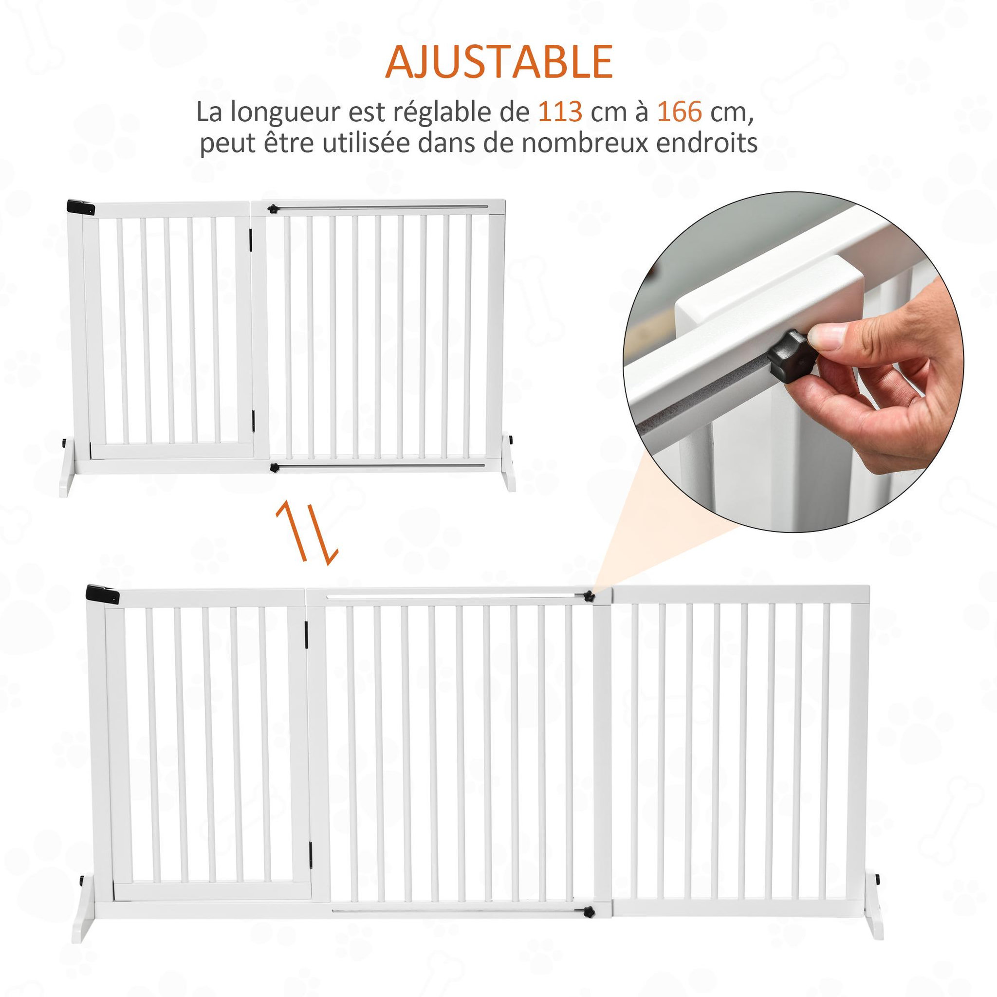 Voir la diapositive 4 : PAWHUT Barrière de sécurité chien barrière autoportante longueur réglable porte verrouillable intégrée dim. 113-166l x 36l x 71h cm sapin blanc
